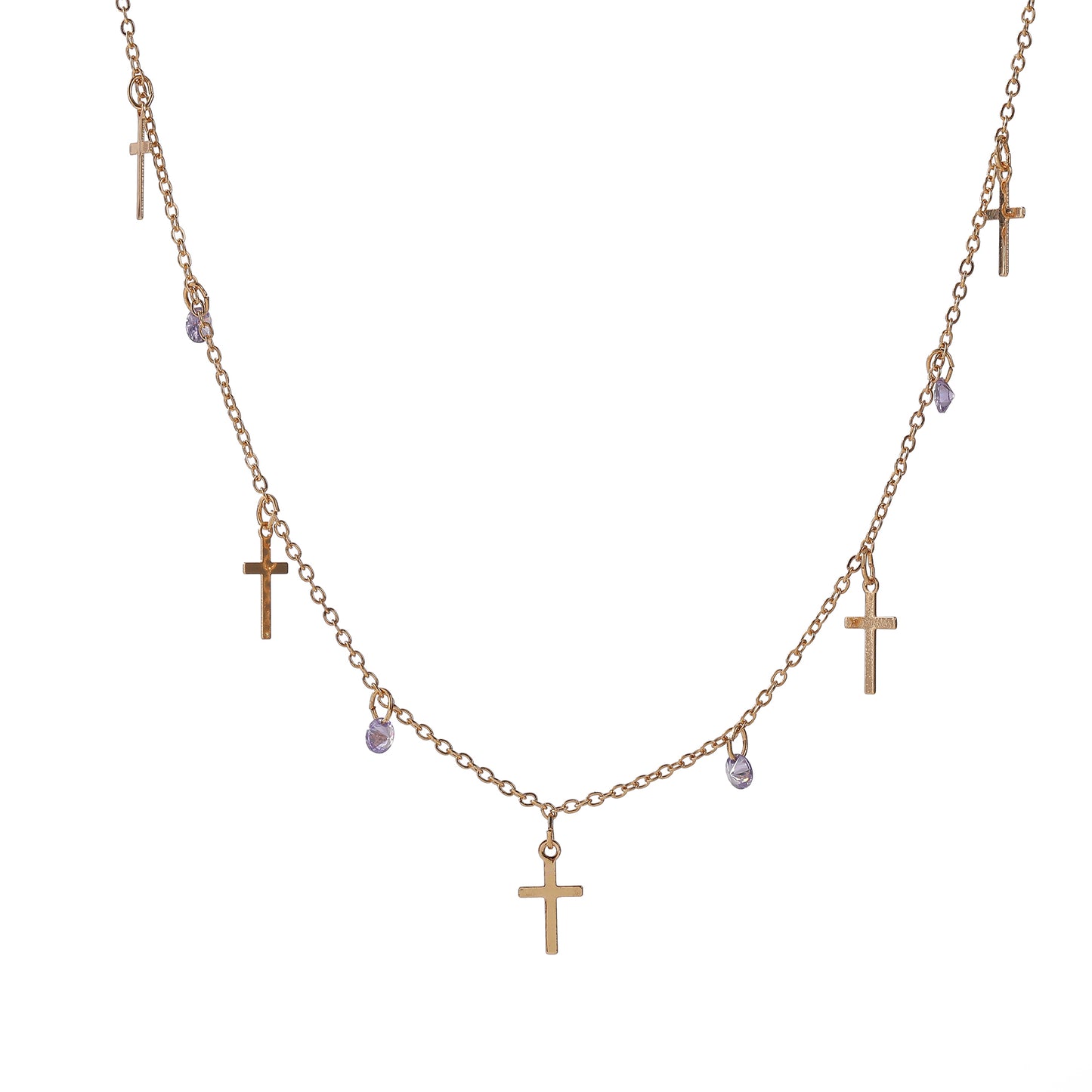 Stylish Gold Chain Necklace with Small Crosses & Assorted Crystal Dangles - Elegant Everyday Jewelry for Women - Perfect for Casual or Formal Outfits