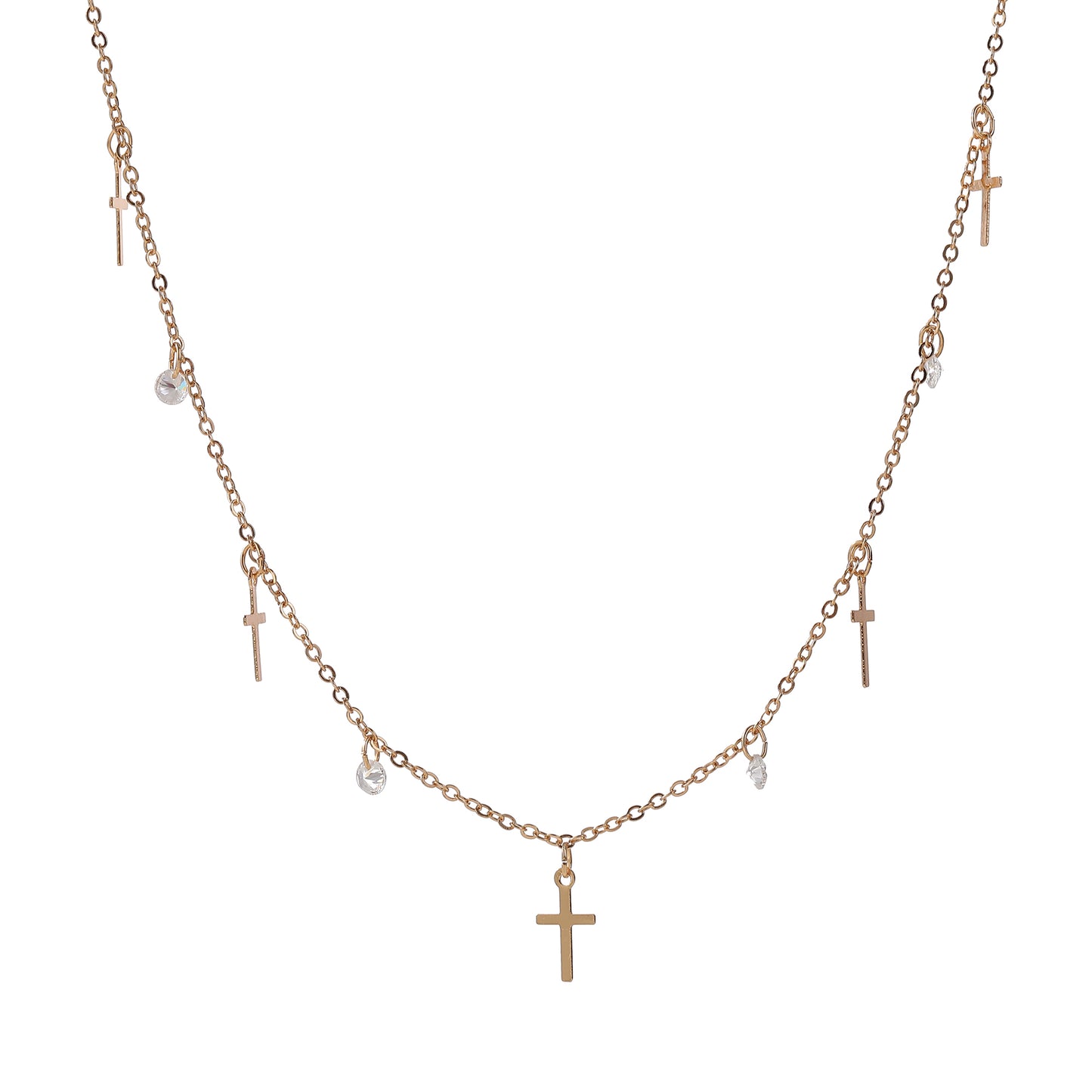 Stylish Gold Chain Necklace with Small Crosses & Assorted Crystal Dangles - Elegant Everyday Jewelry for Women - Perfect for Casual or Formal Outfits