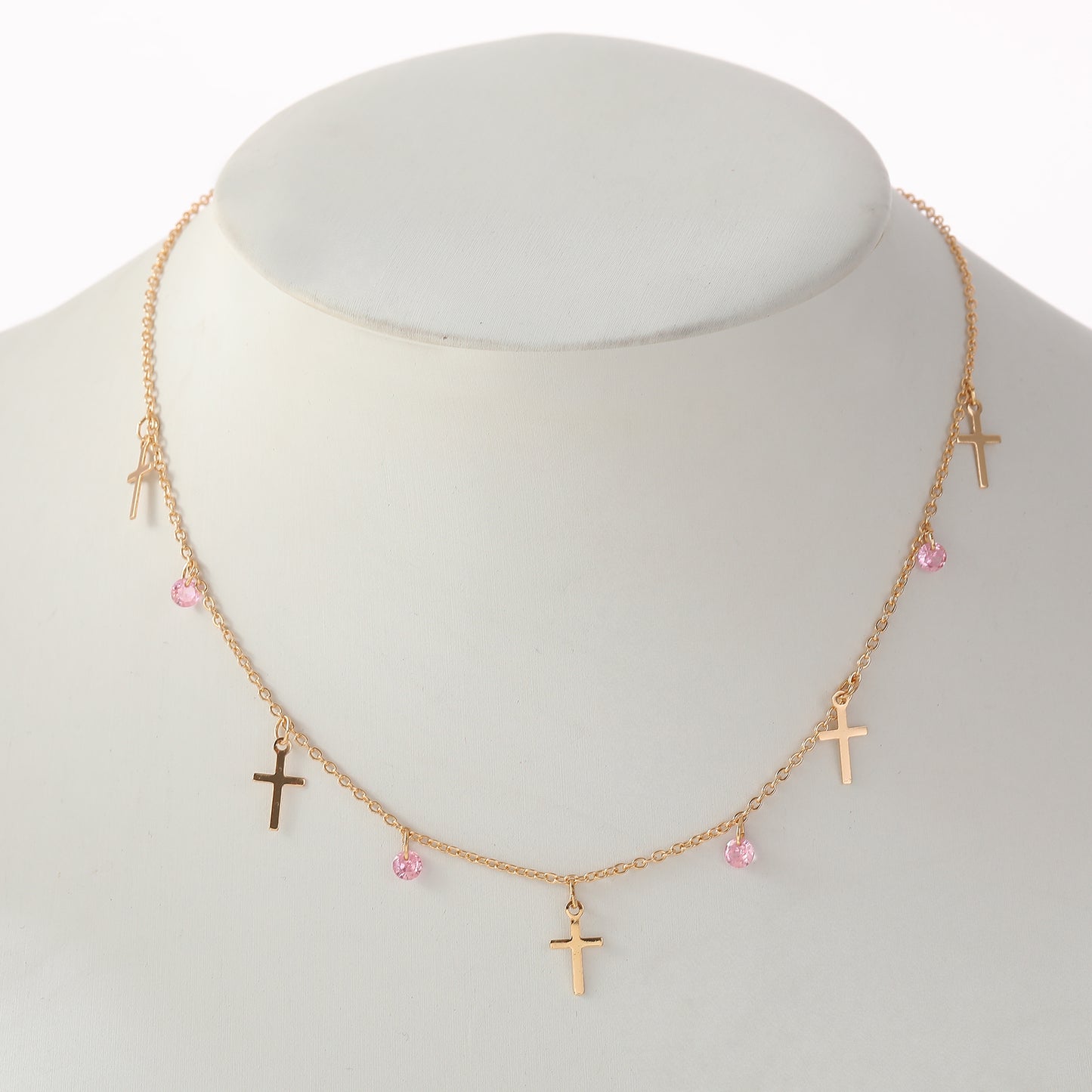 Stylish Gold Chain Necklace with Small Crosses & Assorted Crystal Dangles - Elegant Everyday Jewelry for Women - Perfect for Casual or Formal Outfits