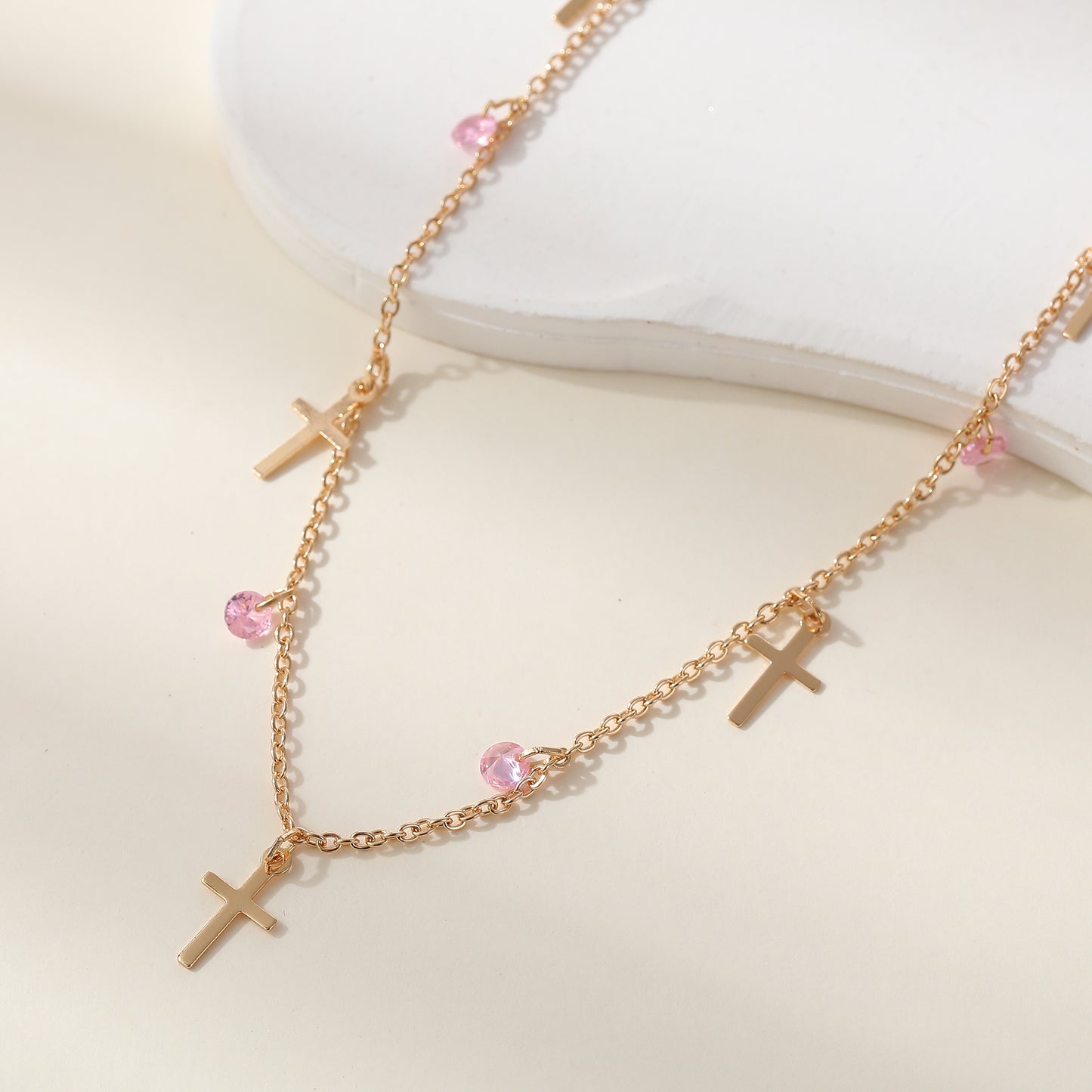Stylish Gold Chain Necklace with Small Crosses & Assorted Crystal Dangles - Elegant Everyday Jewelry for Women - Perfect for Casual or Formal Outfits