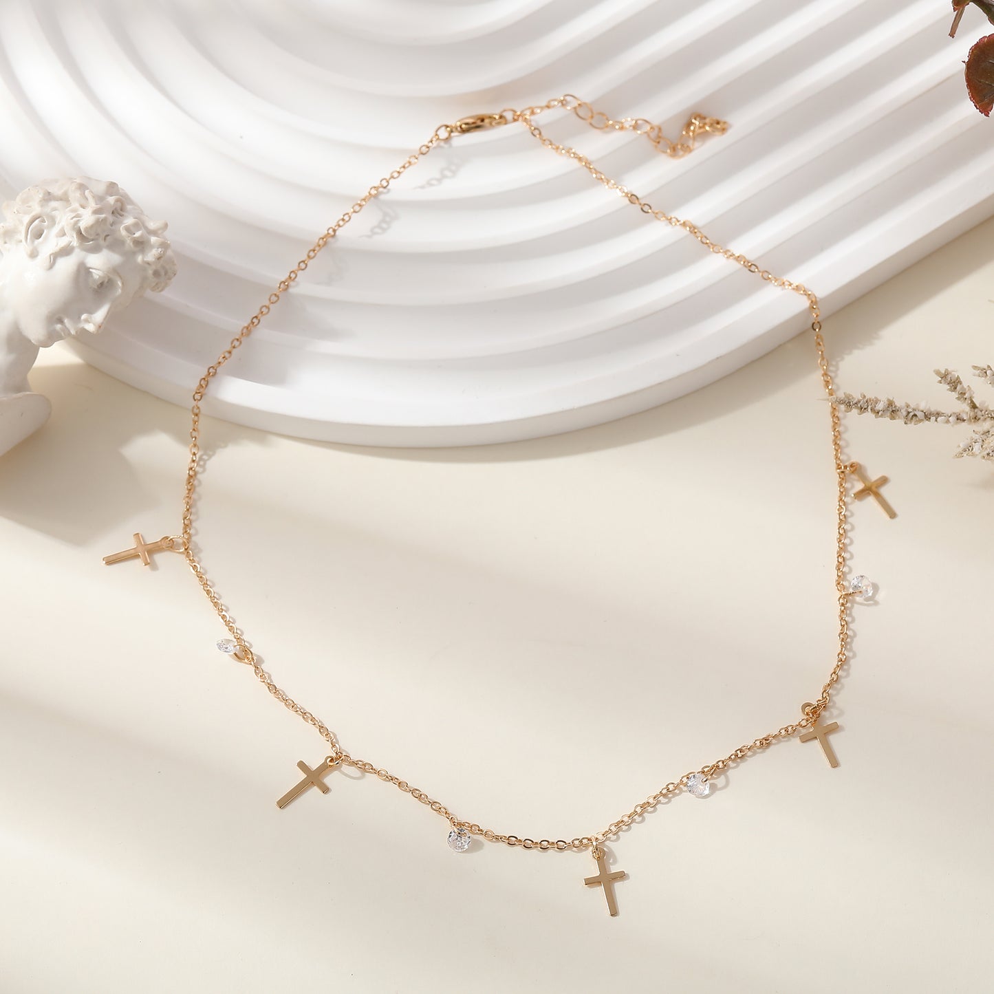 Stylish Gold Chain Necklace with Small Crosses & Assorted Crystal Dangles - Elegant Everyday Jewelry for Women - Perfect for Casual or Formal Outfits