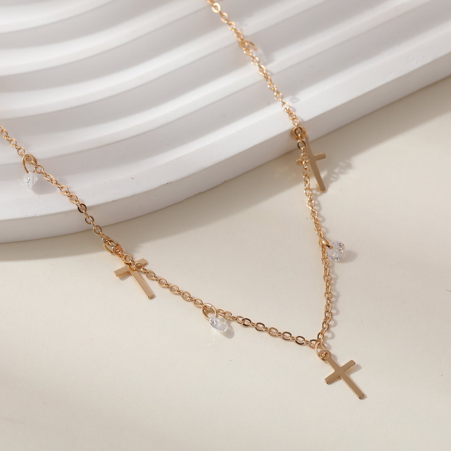 Stylish Gold Chain Necklace with Small Crosses & Assorted Crystal Dangles - Elegant Everyday Jewelry for Women - Perfect for Casual or Formal Outfits