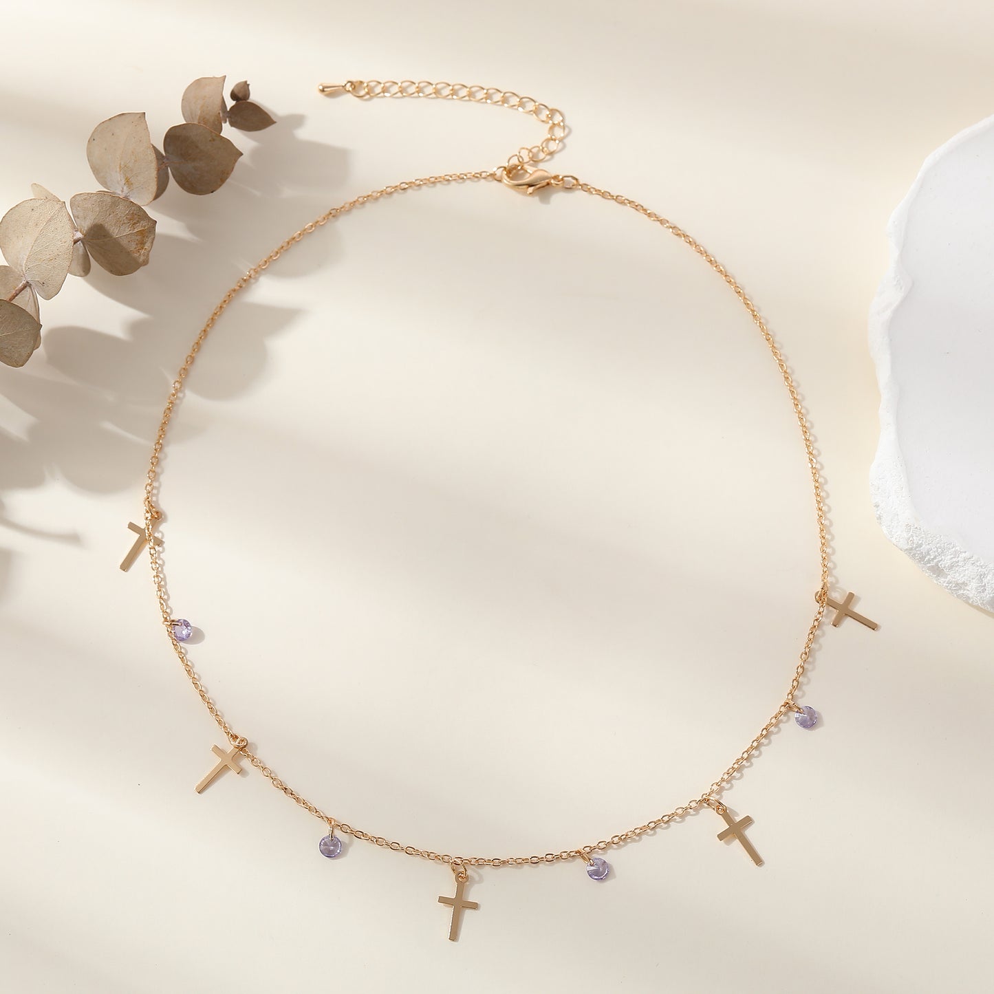 Stylish Gold Chain Necklace with Small Crosses & Assorted Crystal Dangles - Elegant Everyday Jewelry for Women - Perfect for Casual or Formal Outfits