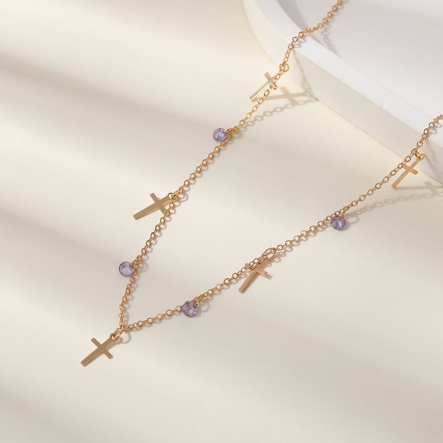 Stylish Gold Chain Necklace with Small Crosses & Assorted Crystal Dangles - Elegant Everyday Jewelry for Women - Perfect for Casual or Formal Outfits