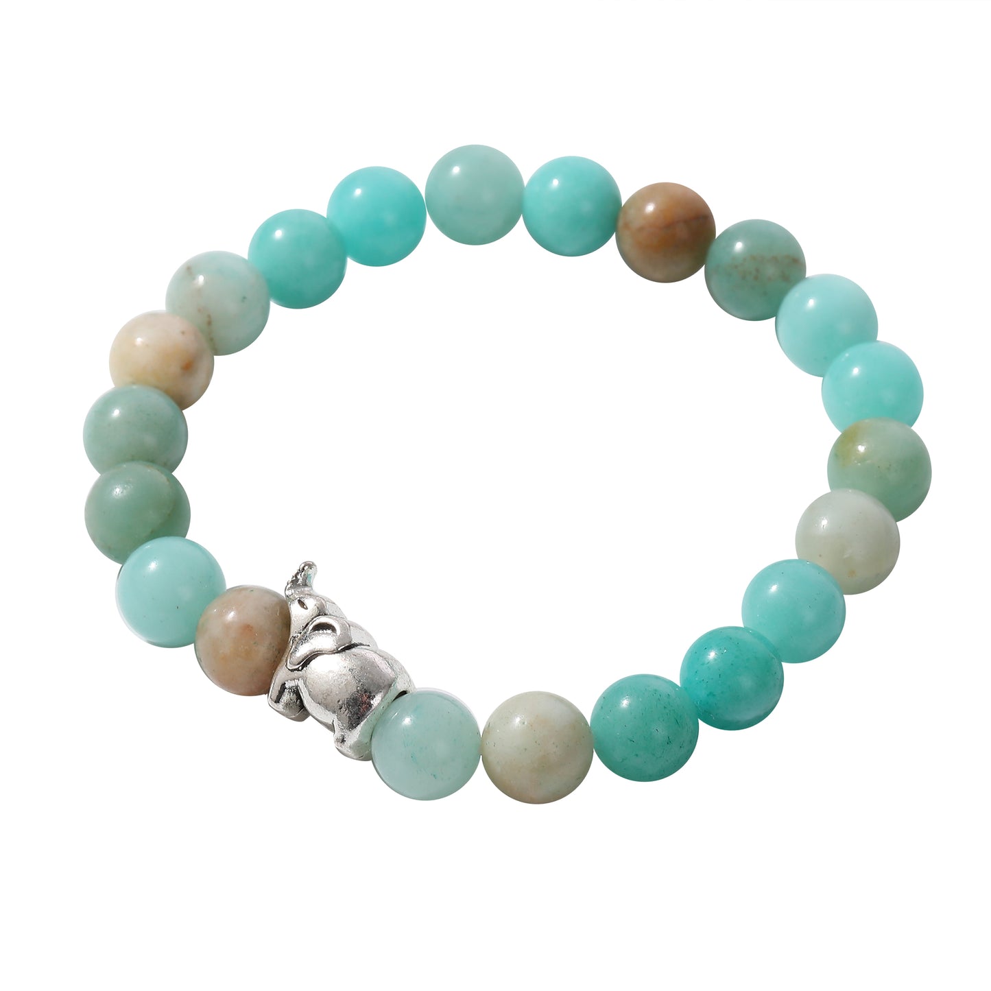 Handmade Genuine Stone Bead Bracelets with Silver Elephant Charms - Boho Style Elastic Jewelry