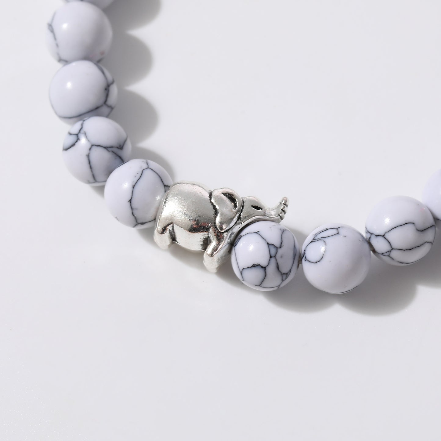 Handmade Genuine Stone Bead Bracelets with Silver Elephant Charms - Boho Style Elastic Jewelry