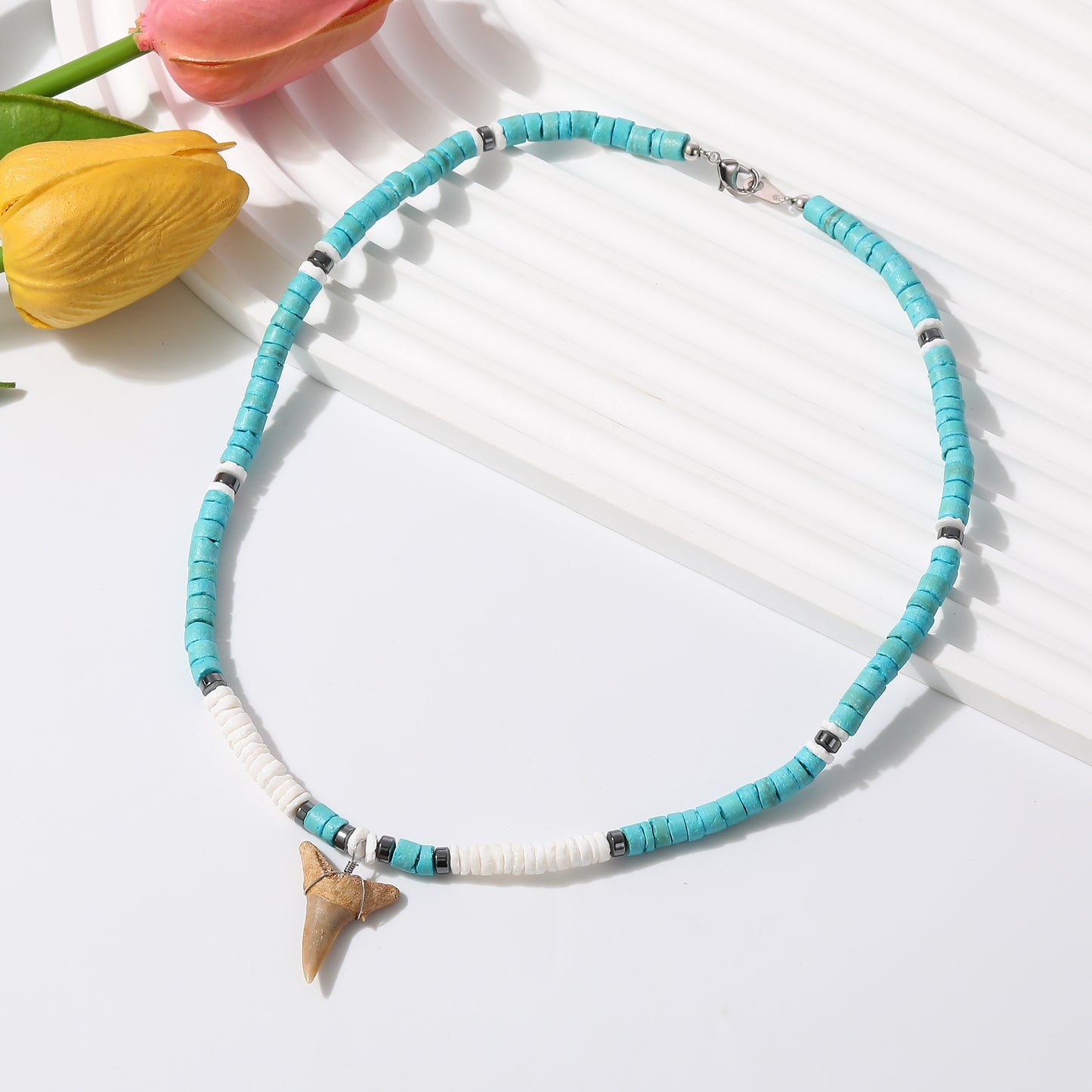 Beach-Inspired Shark Tooth Necklace – Handmade Beaded Surfer Jewelry