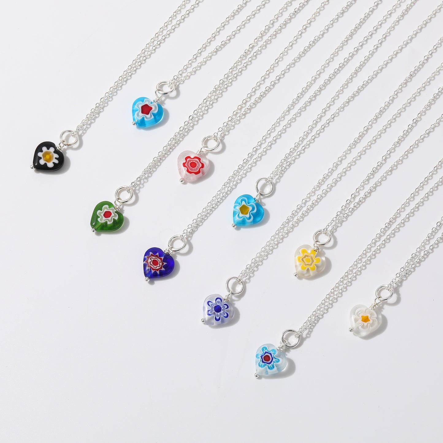 Assorted Heart Glass Bead Necklace on Silvery Chain (Random)
