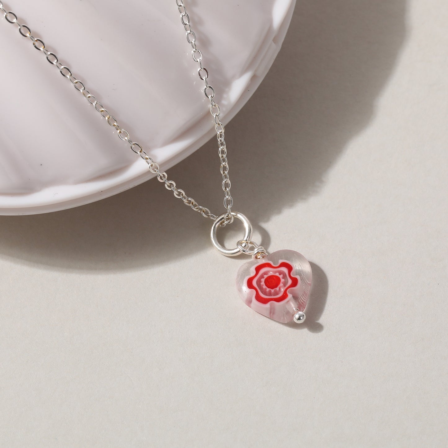Assorted Heart Glass Bead Necklace on Silvery Chain (Random)