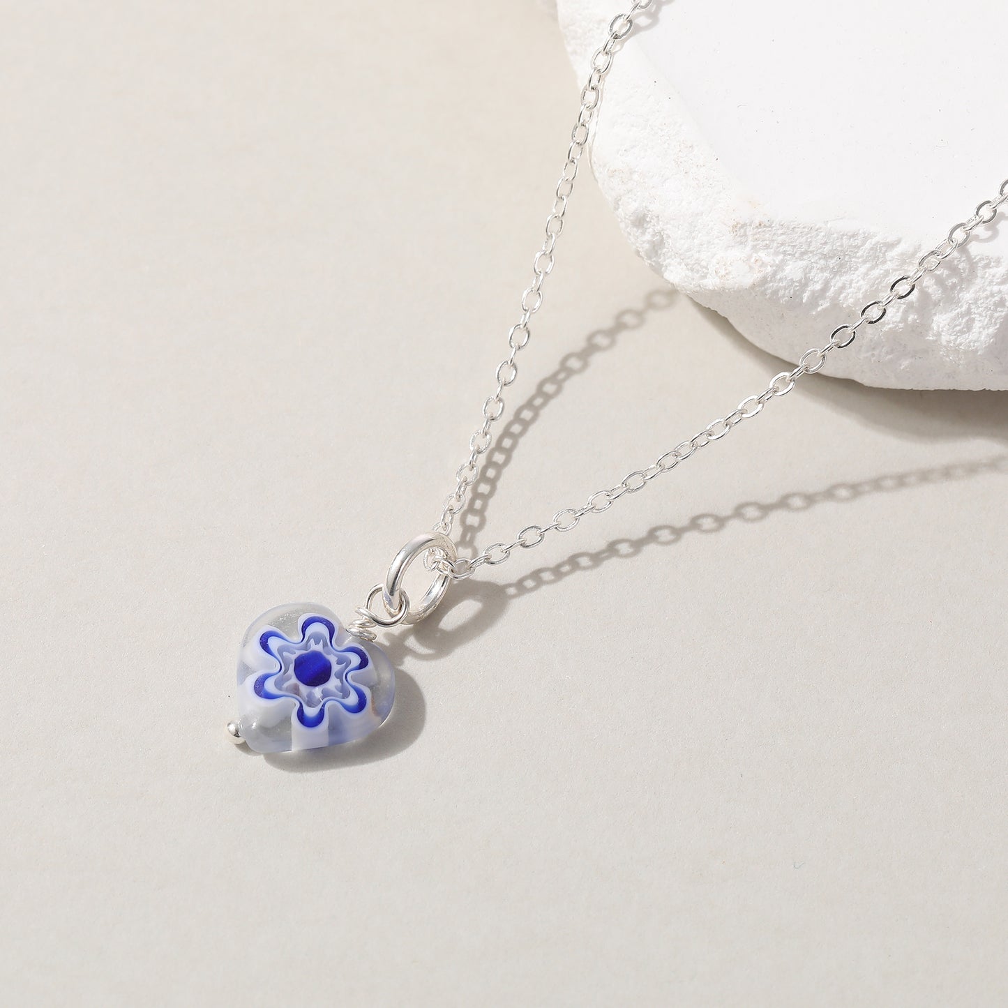 Assorted Heart Glass Bead Necklace on Silvery Chain (Random)