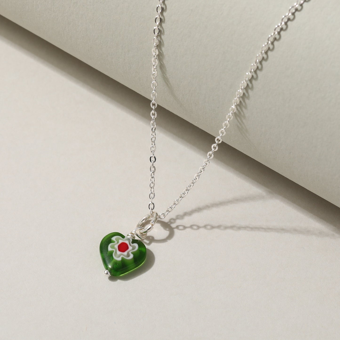 Assorted Heart Glass Bead Necklace on Silvery Chain (Random)