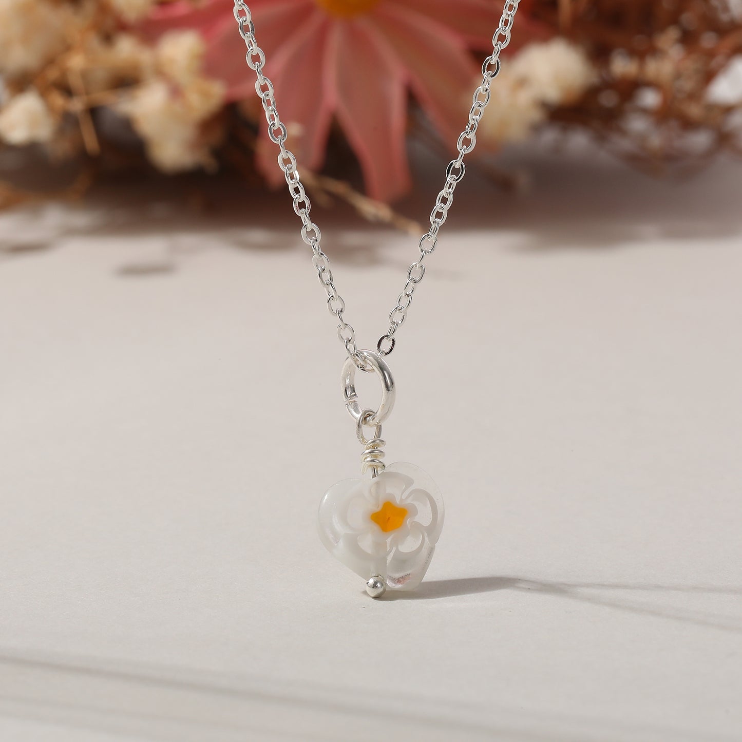 Assorted Heart Glass Bead Necklace on Silvery Chain (Random)