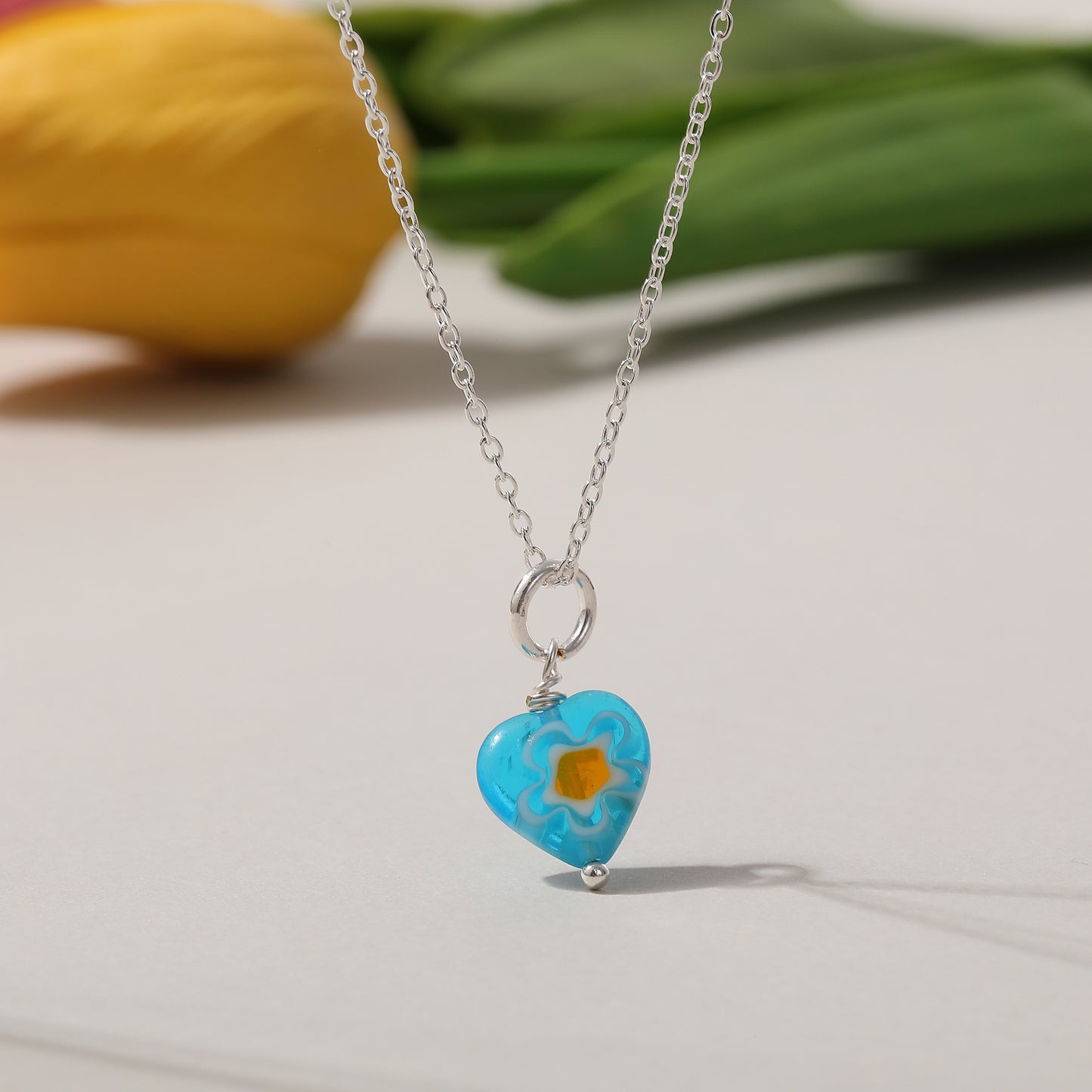 Assorted Heart Glass Bead Necklace on Silvery Chain (Random)