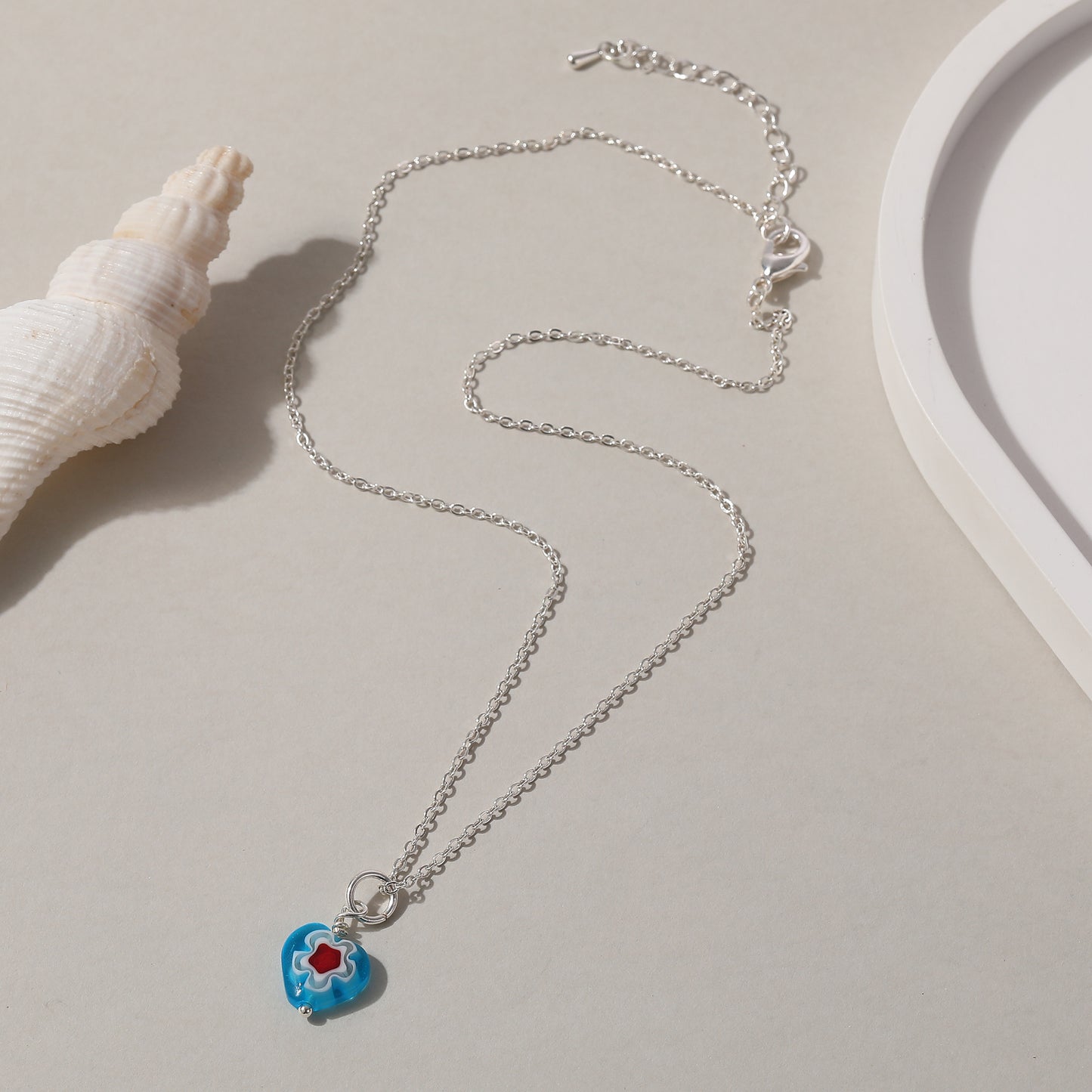 Assorted Heart Glass Bead Necklace on Silvery Chain (Random)