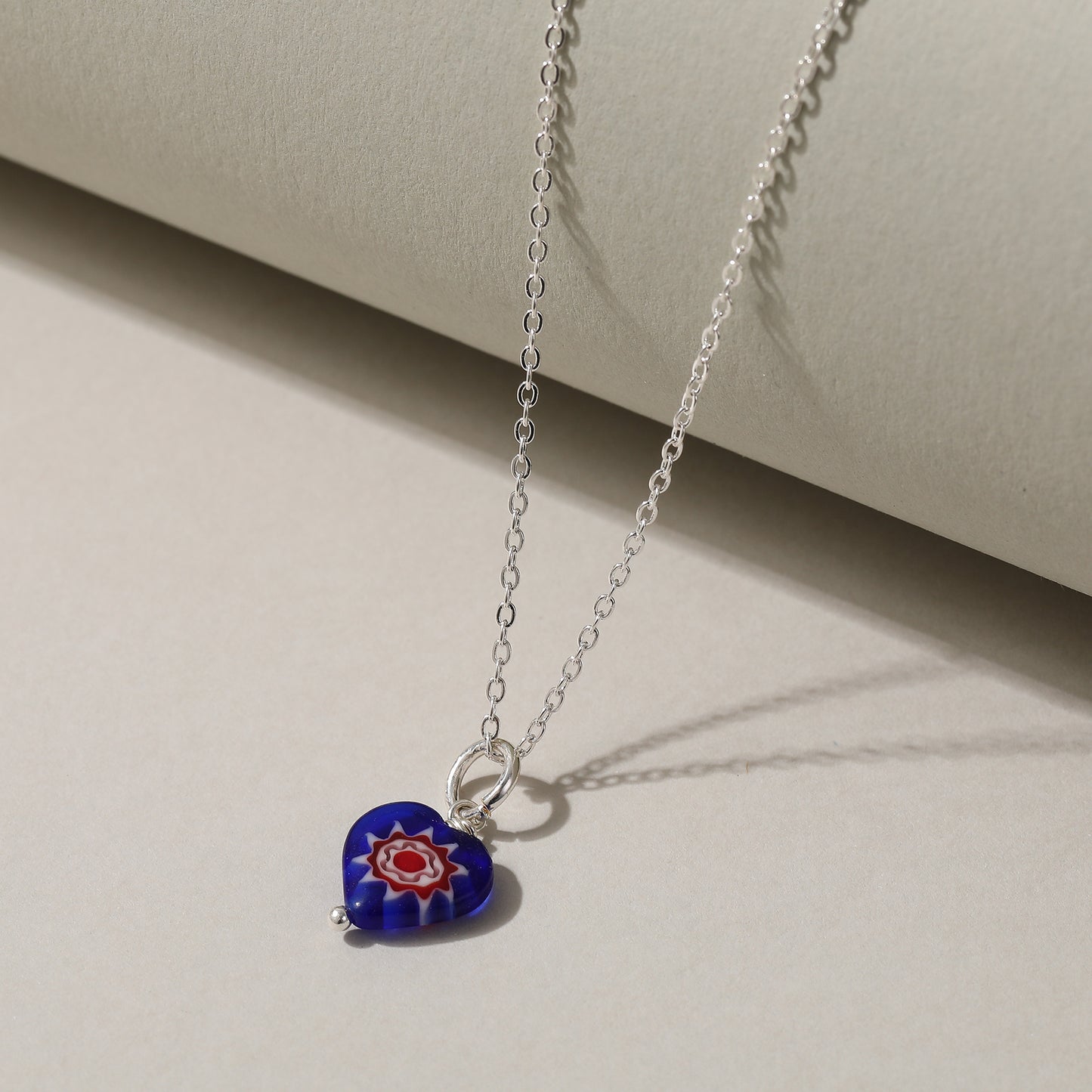 Assorted Heart Glass Bead Necklace on Silvery Chain (Random)