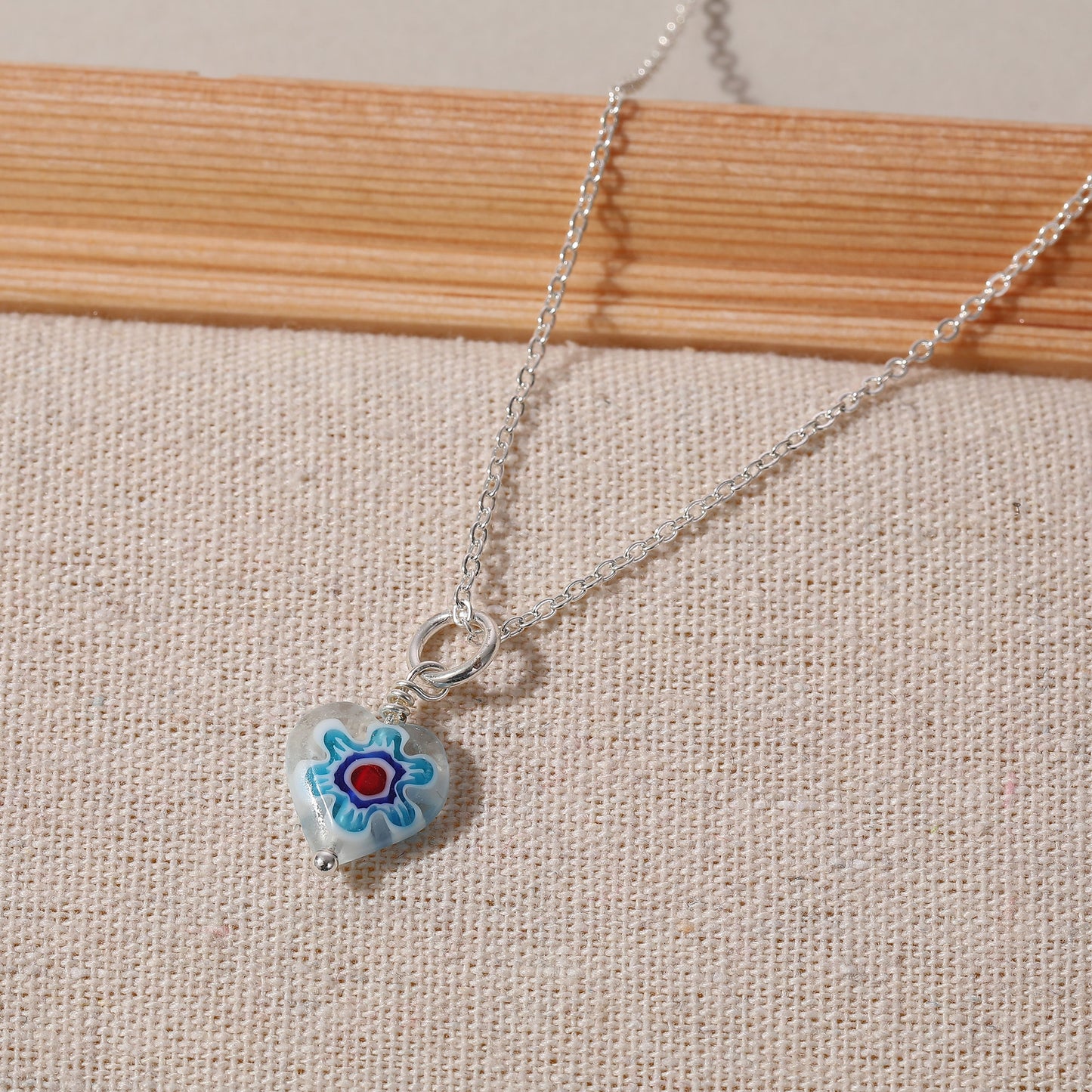 Assorted Heart Glass Bead Necklace on Silvery Chain (Random)
