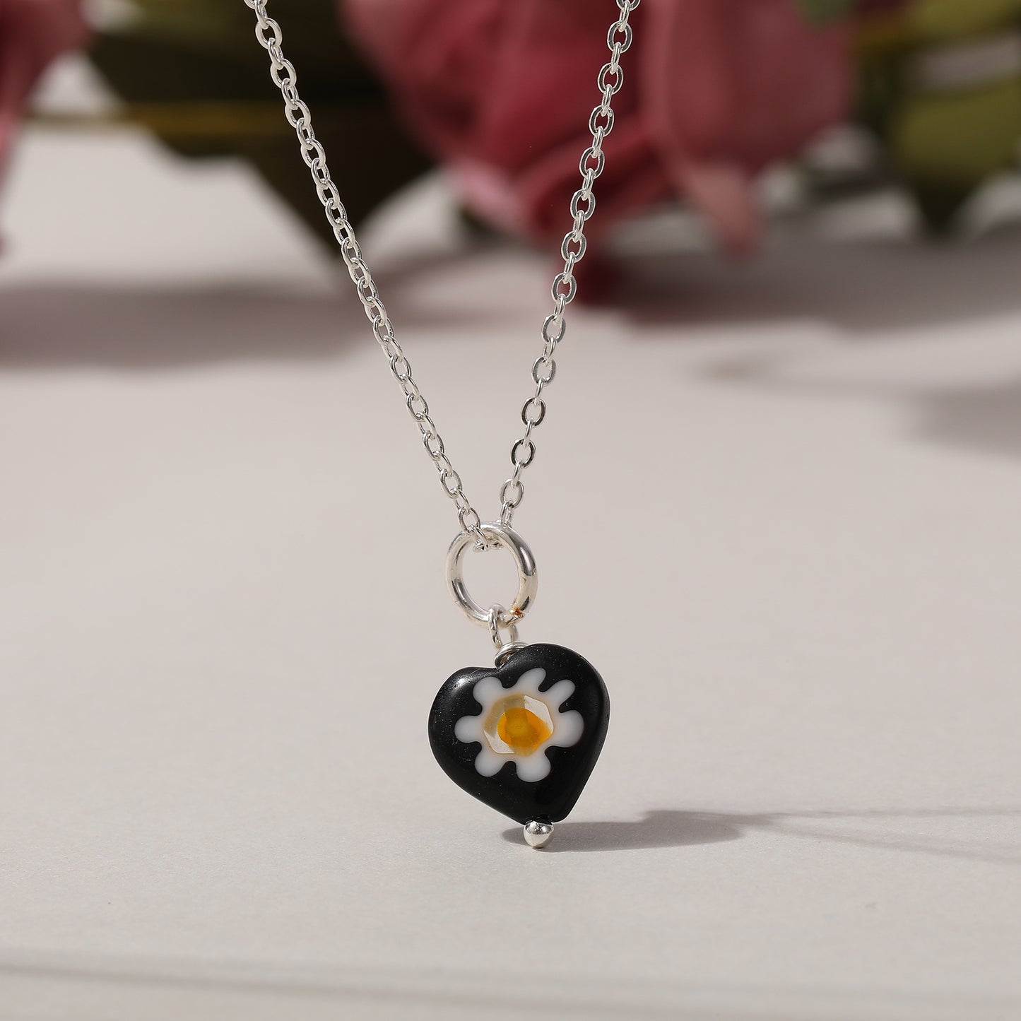 Assorted Heart Glass Bead Necklace on Silvery Chain (Random)
