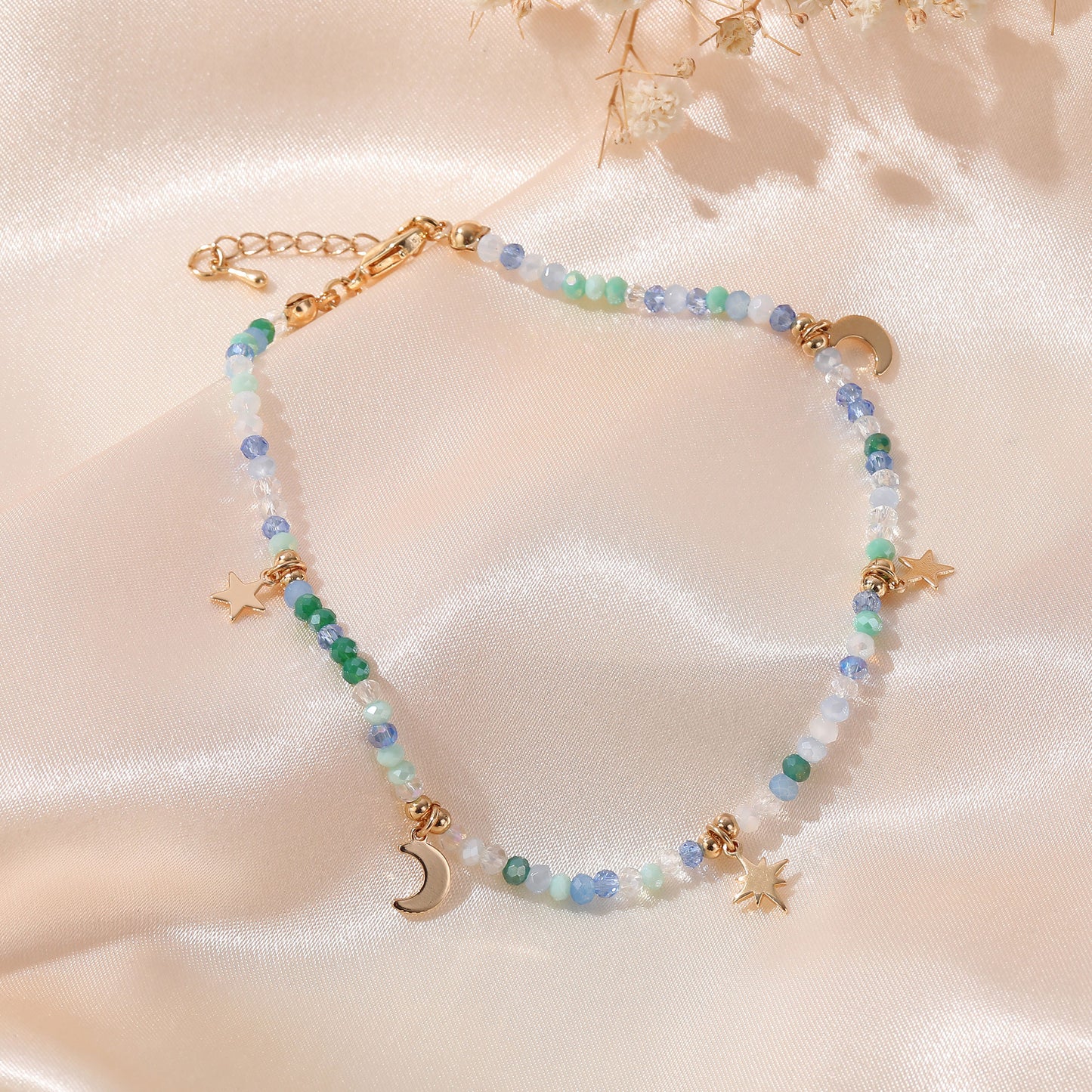 Multicolor Faceted Beads Anklet with Gold Moon & Stars - Elegant & Charming Jewelry for Women