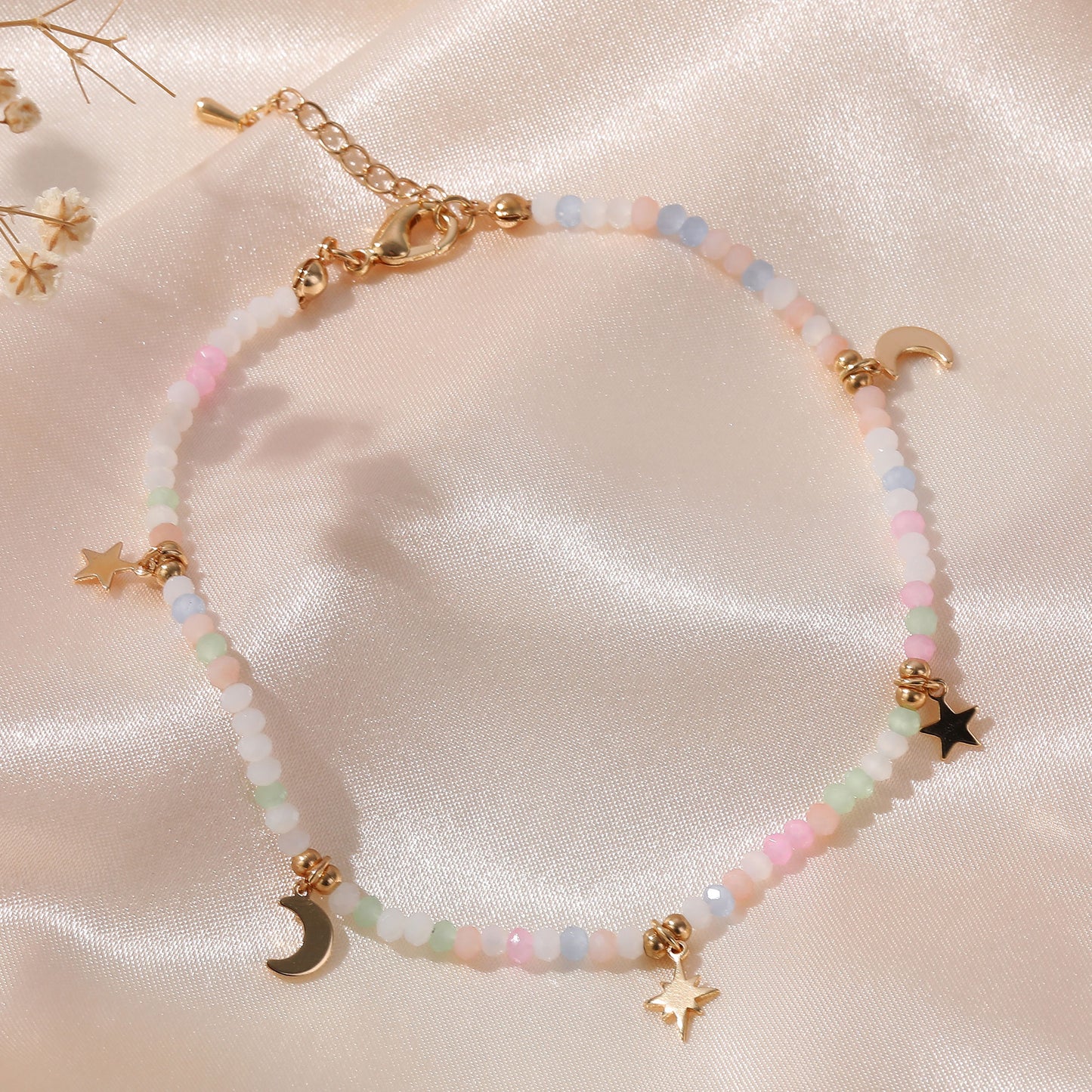 Multicolor Faceted Beads Anklet with Gold Moon & Stars - Elegant & Charming Jewelry for Women