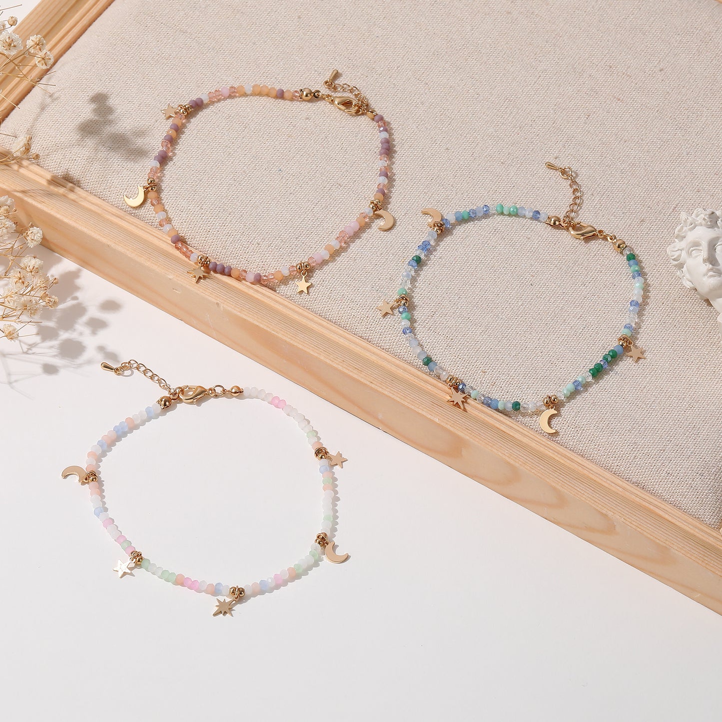Multicolor Faceted Beads Anklet with Gold Moon & Stars - Elegant & Charming Jewelry for Women