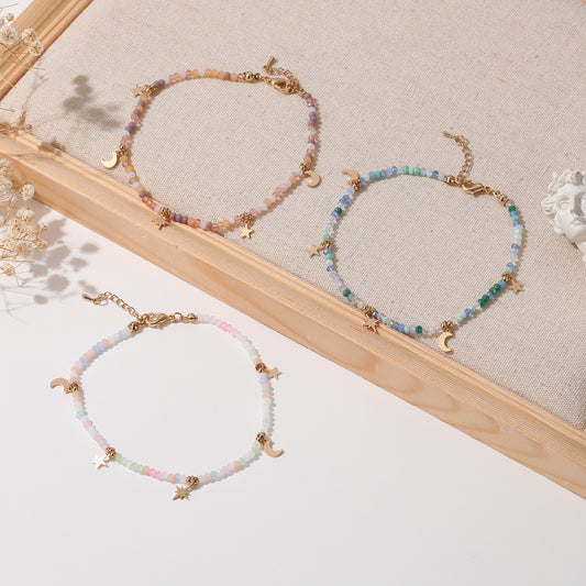 Multicolor Faceted Beads Anklet with Gold Moon & Stars - Elegant & Charming Jewelry for Women