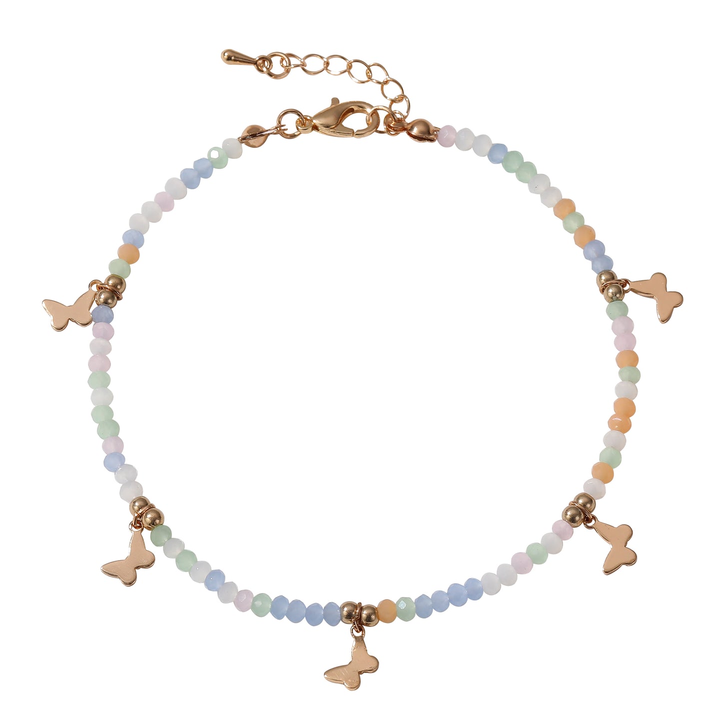 Colorful Beaded Anklet with Gold Butterfly Charms – Adjustable Boho Beach Jewelry