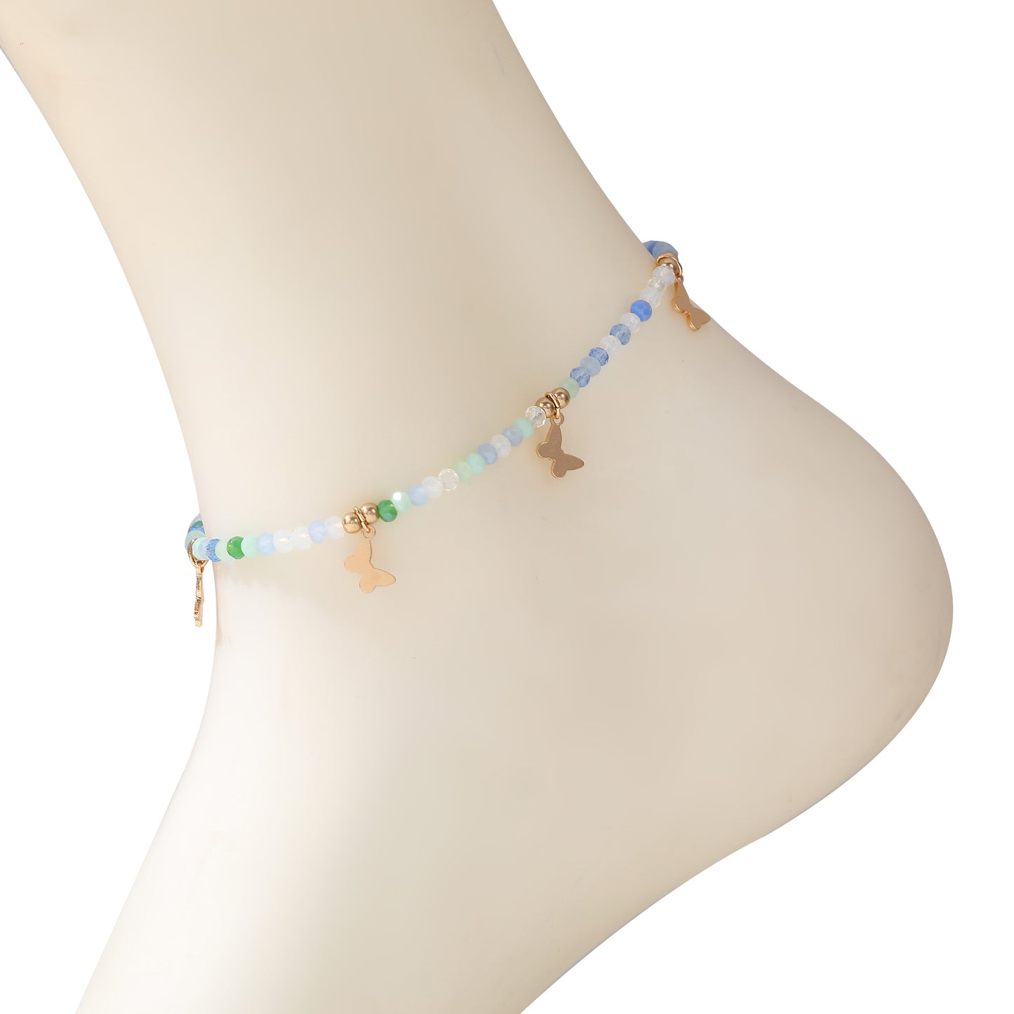 Colorful Beaded Anklet with Gold Butterfly Charms – Adjustable Boho Beach Jewelry