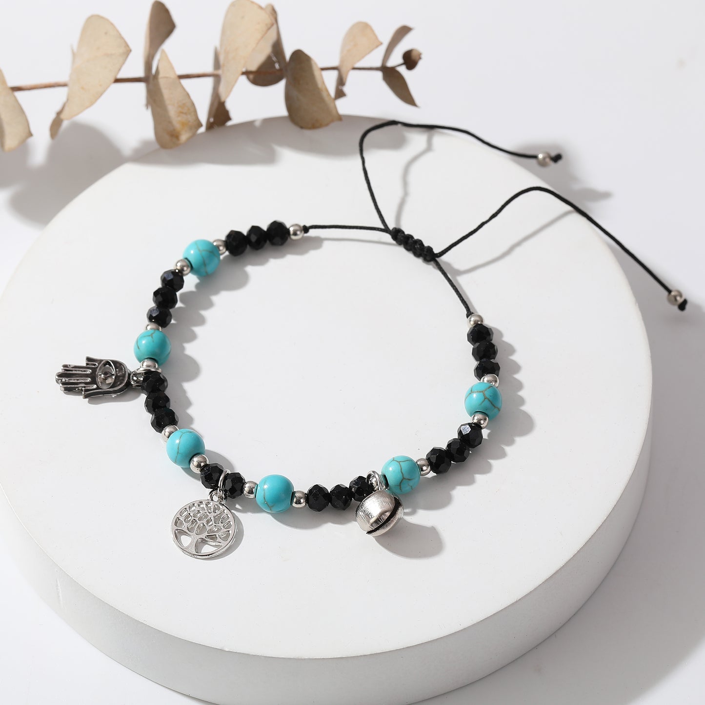 Hamsa Hand Beaded Bracelet with Black & Turquoise Beads - Spiritual Protection Jewelry for Women - Boho Style Handmade Bracelet for Everyday Wear and Gifts