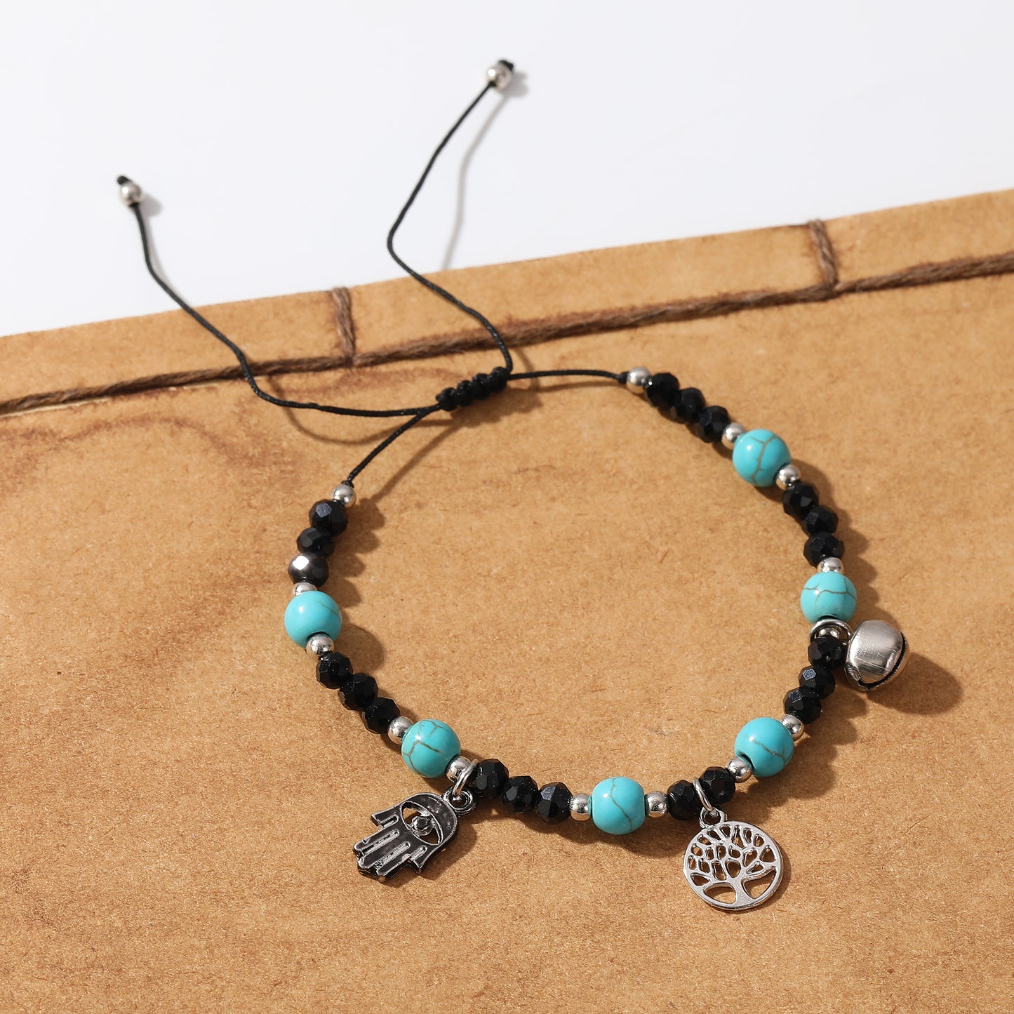 Hamsa Hand Beaded Bracelet with Black & Turquoise Beads - Spiritual Protection Jewelry for Women - Boho Style Handmade Bracelet for Everyday Wear and Gifts