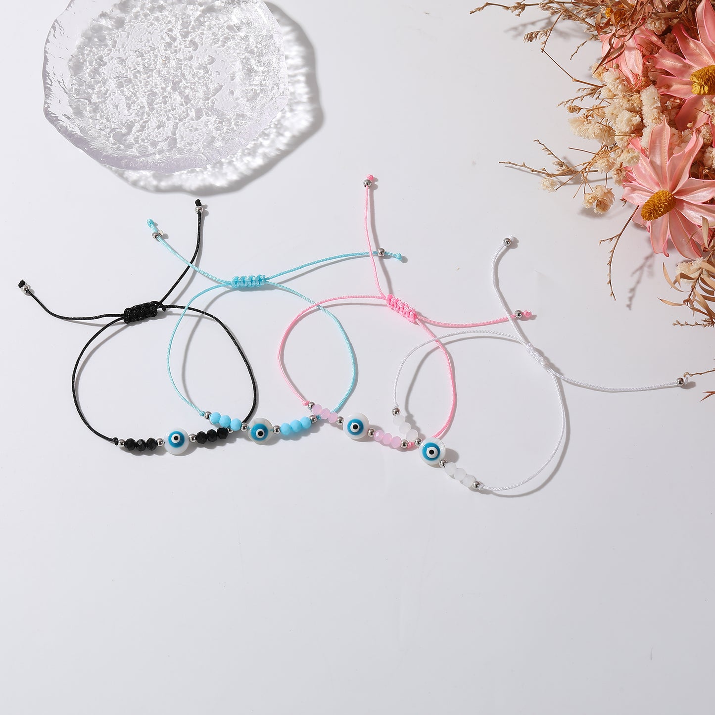 Assorted Adjustable String Lucky Eye Bead Bracelets - Protection & Style in Black, Blue, Pink & White