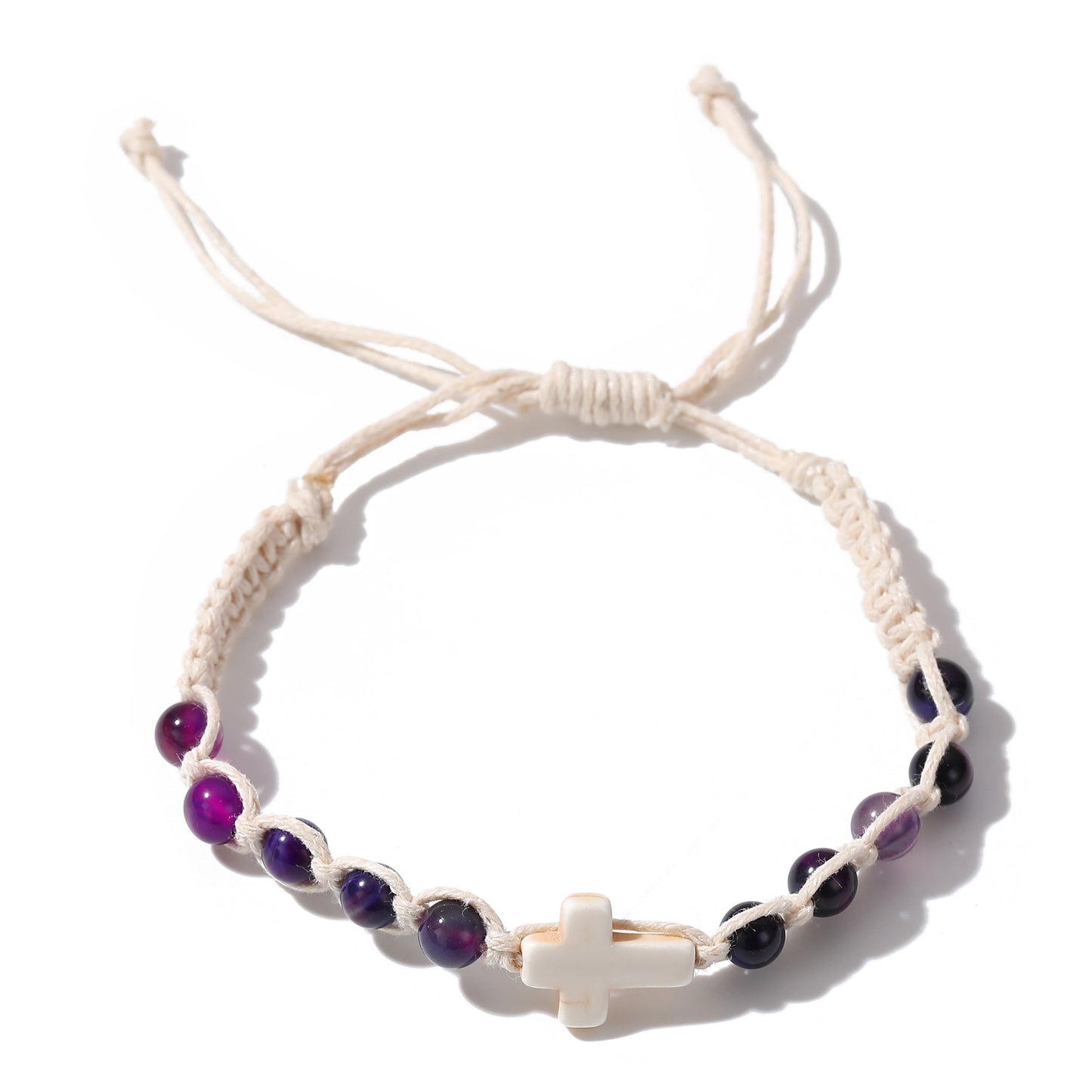 Handmade White Macrame Bracelet with Colorful Stone Beads & White Cross - Boho Style Jewelry