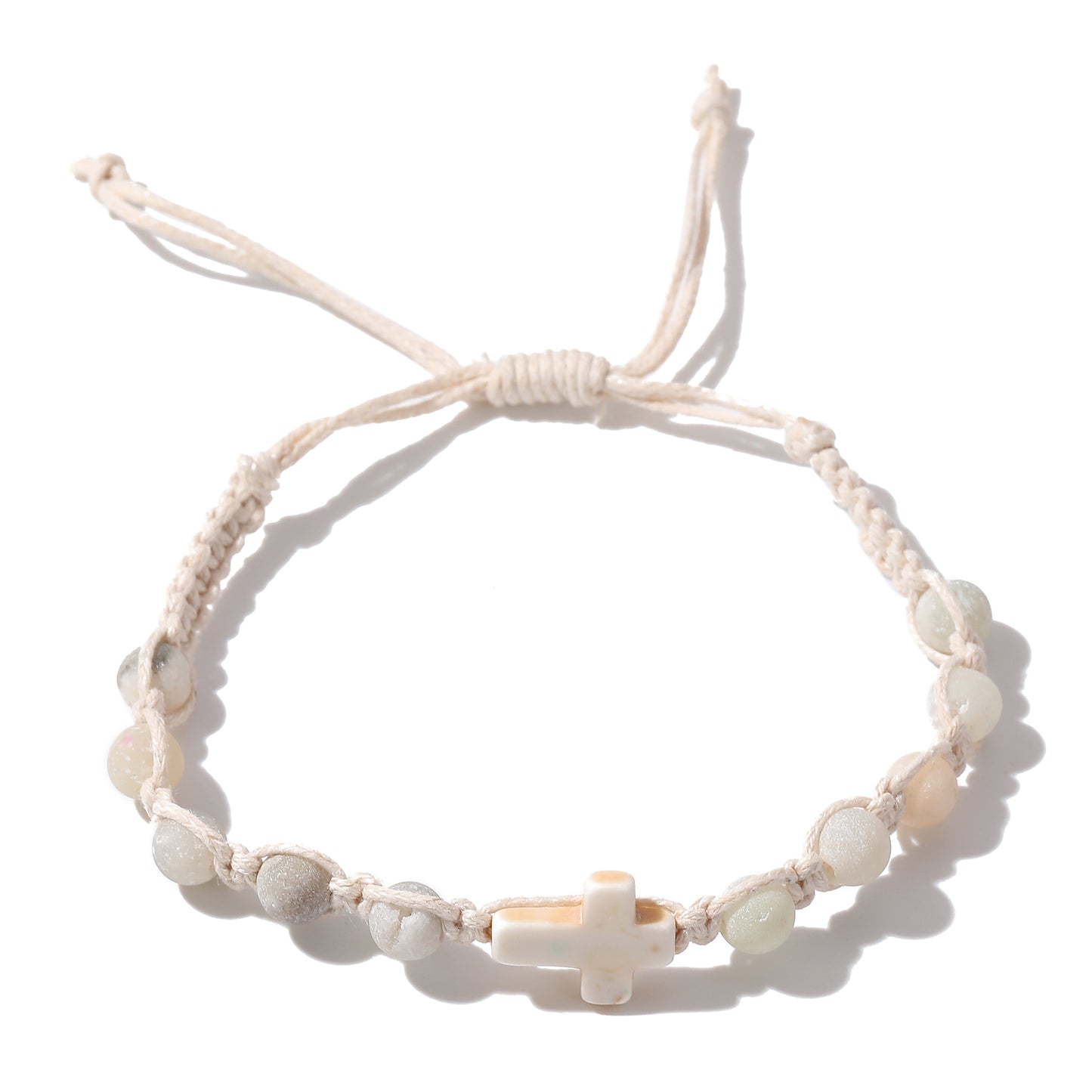 Handmade White Macrame Bracelet with Colorful Stone Beads & White Cross - Boho Style Jewelry