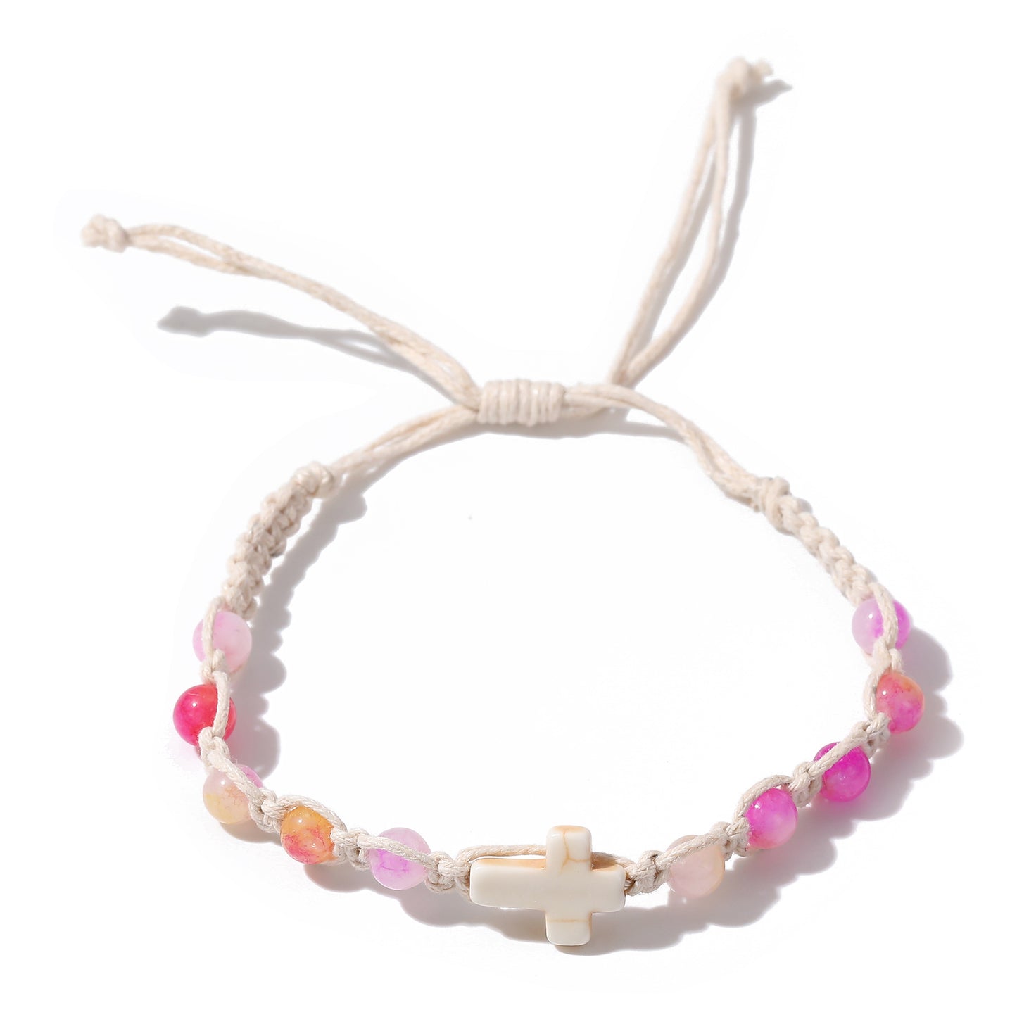 Handmade White Macrame Bracelet with Colorful Stone Beads & White Cross - Boho Style Jewelry