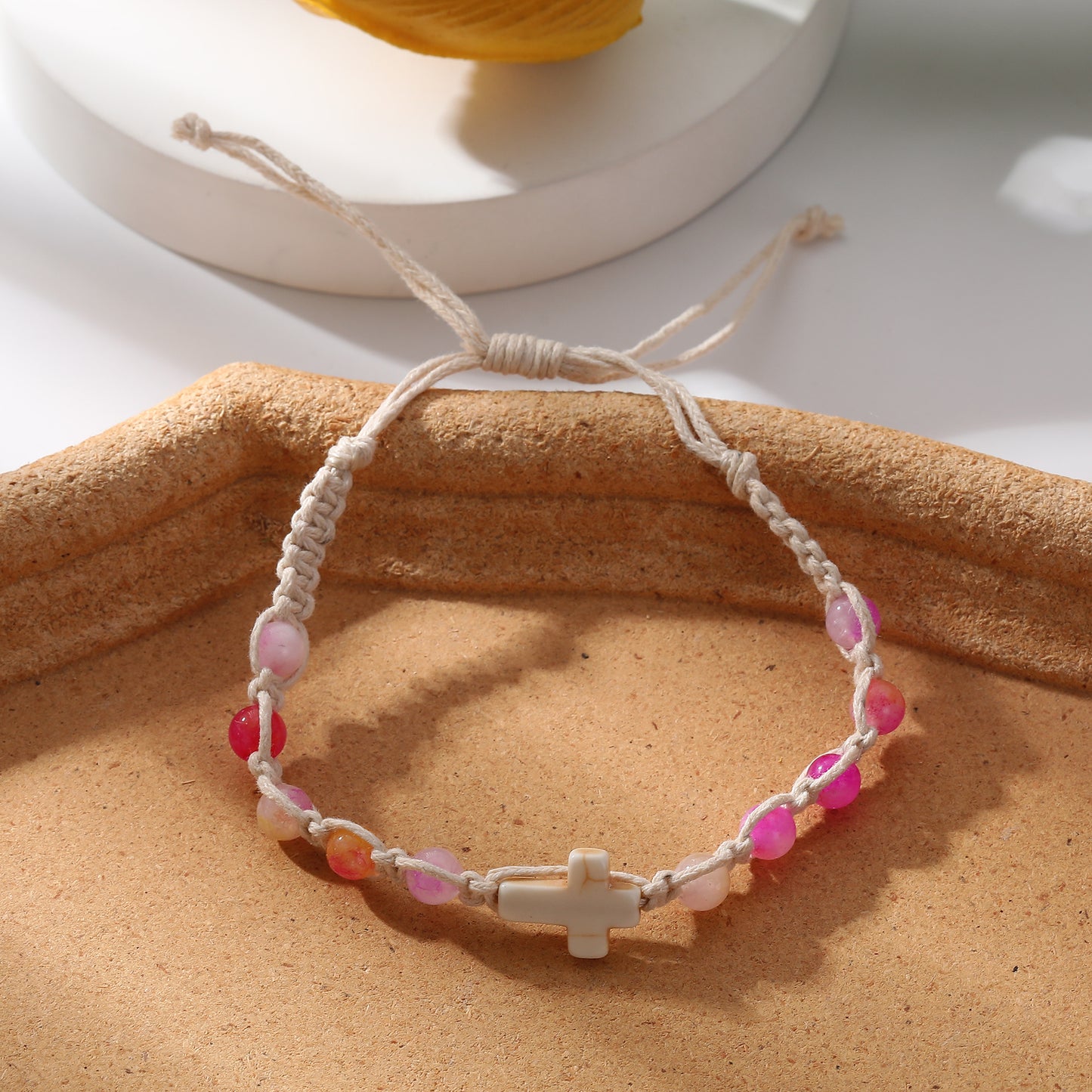 Handmade White Macrame Bracelet with Colorful Stone Beads & White Cross - Boho Style Jewelry