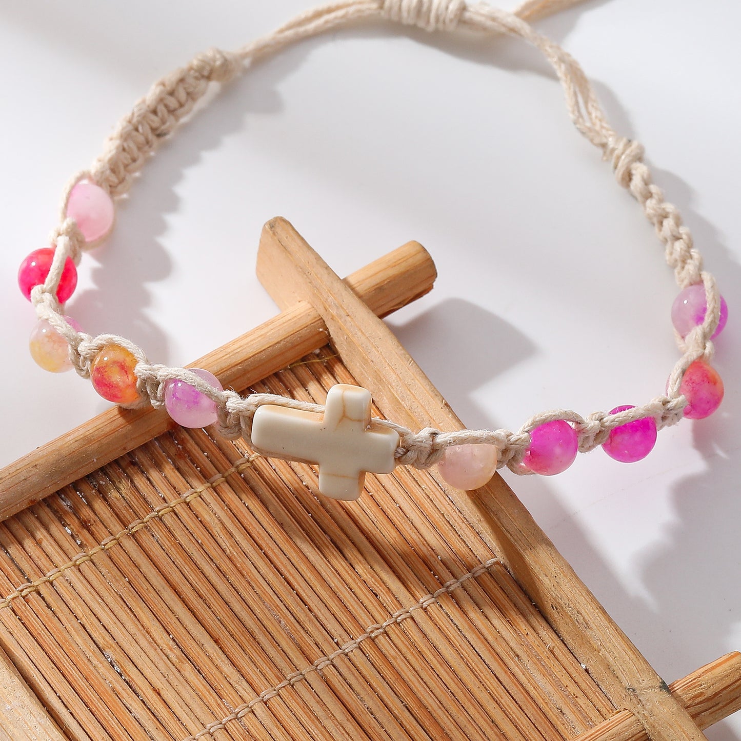 Handmade White Macrame Bracelet with Colorful Stone Beads & White Cross - Boho Style Jewelry