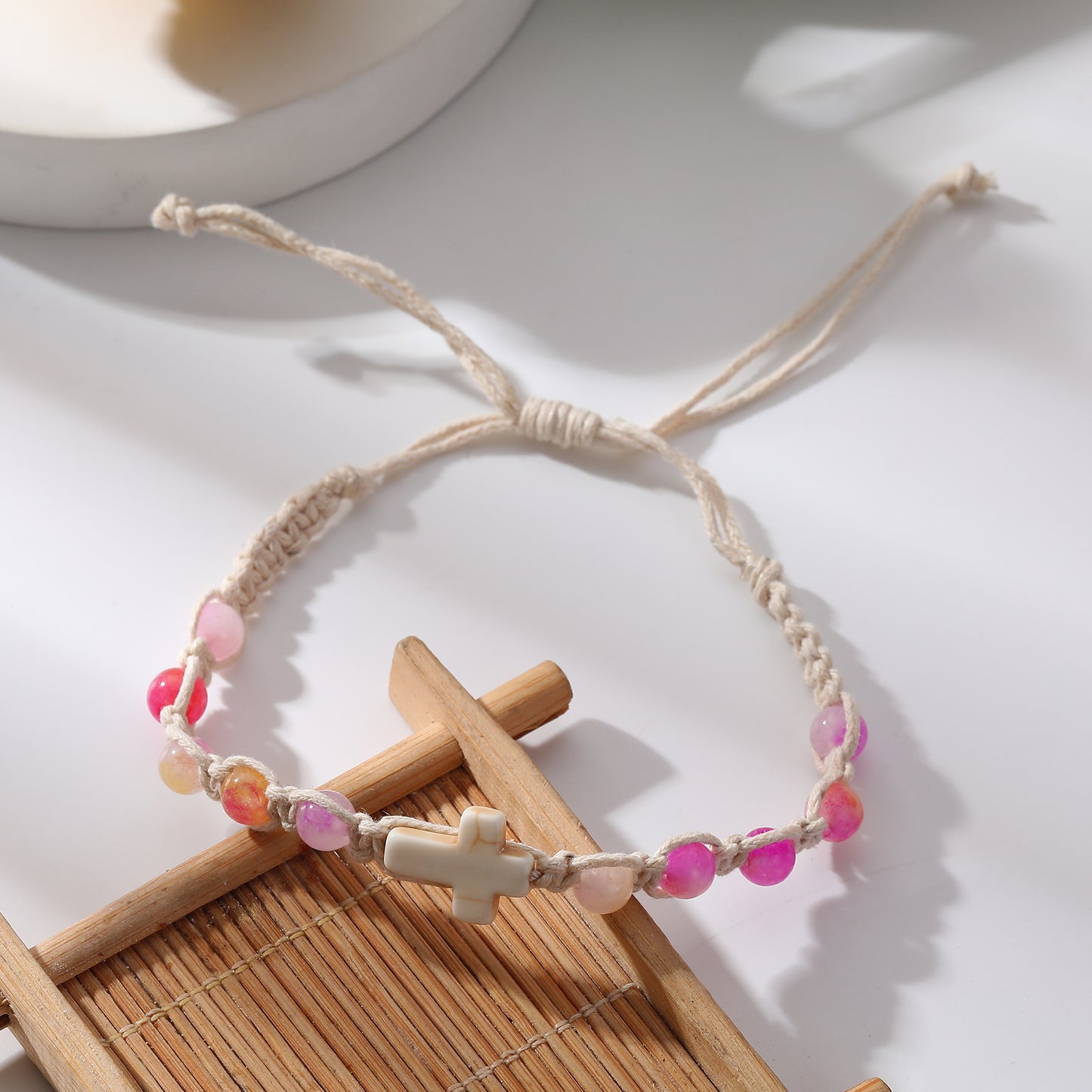Handmade White Macrame Bracelet with Colorful Stone Beads & White Cross - Boho Style Jewelry