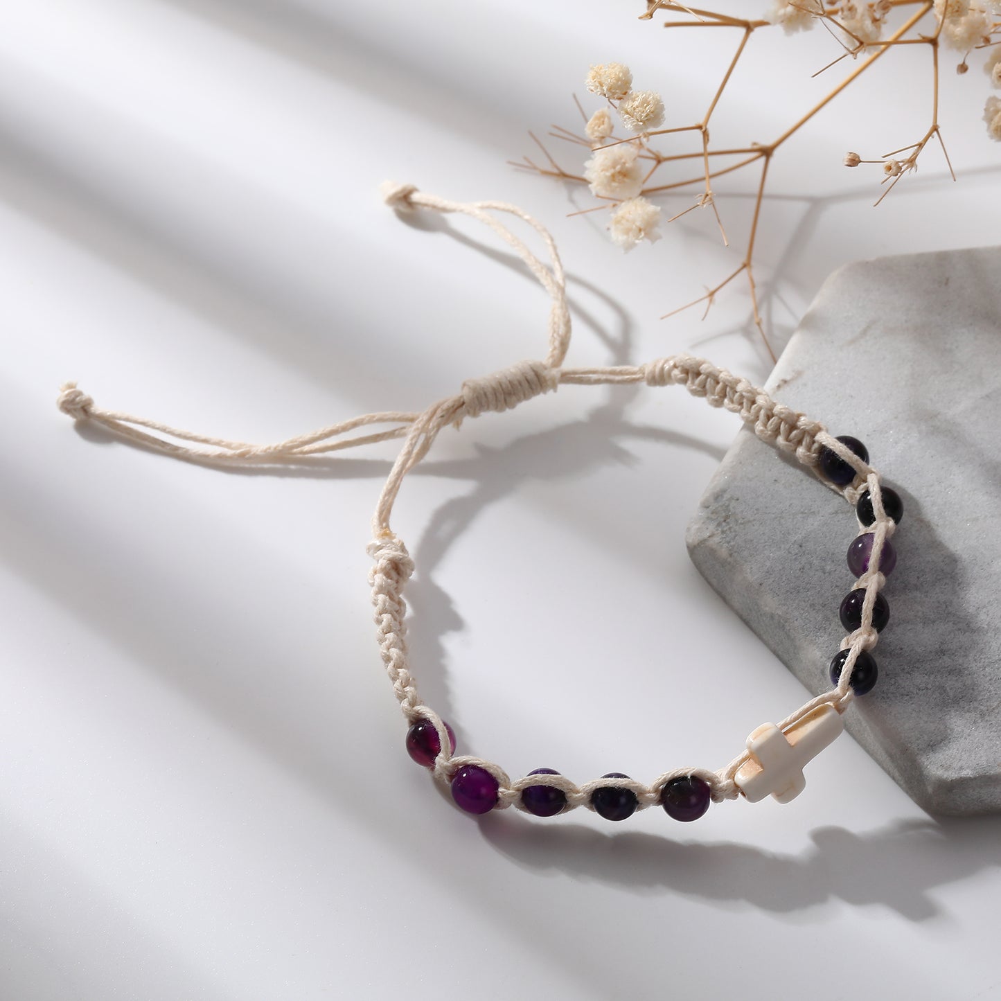 Handmade White Macrame Bracelet with Colorful Stone Beads & White Cross - Boho Style Jewelry