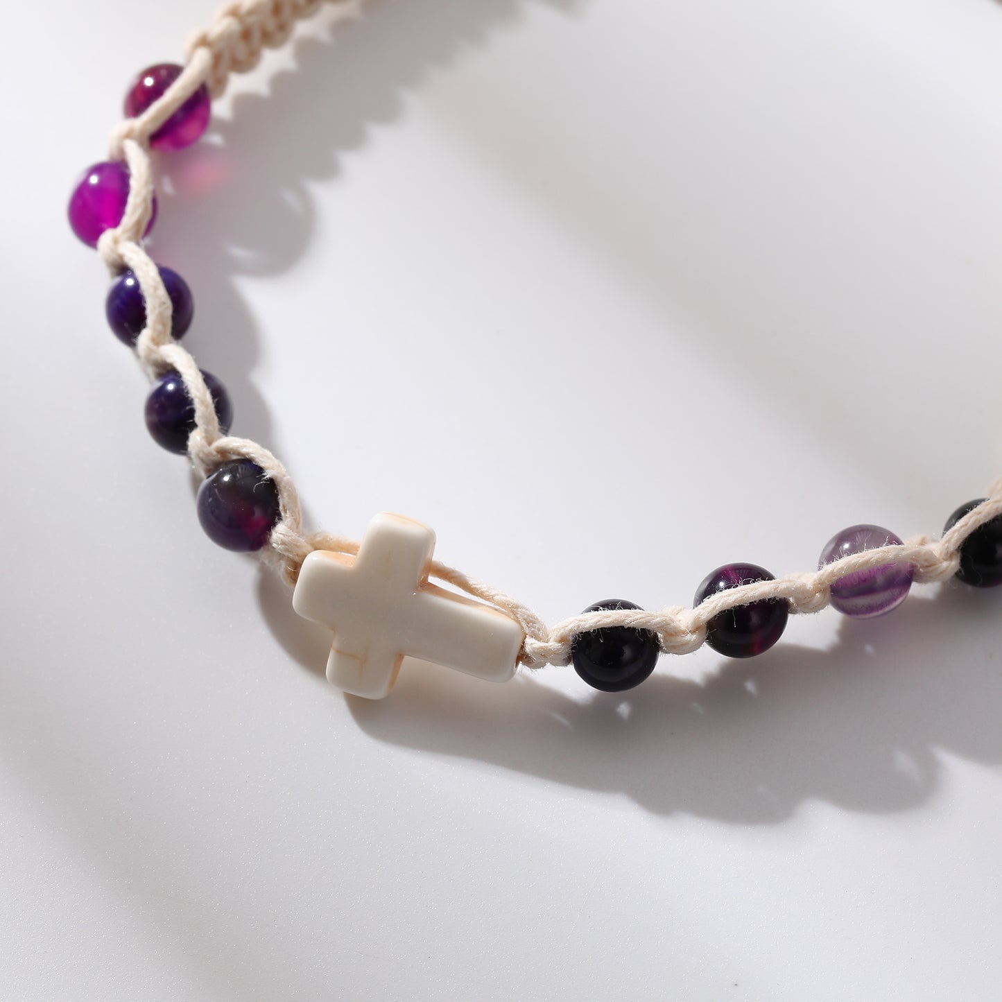Handmade White Macrame Bracelet with Colorful Stone Beads & White Cross - Boho Style Jewelry