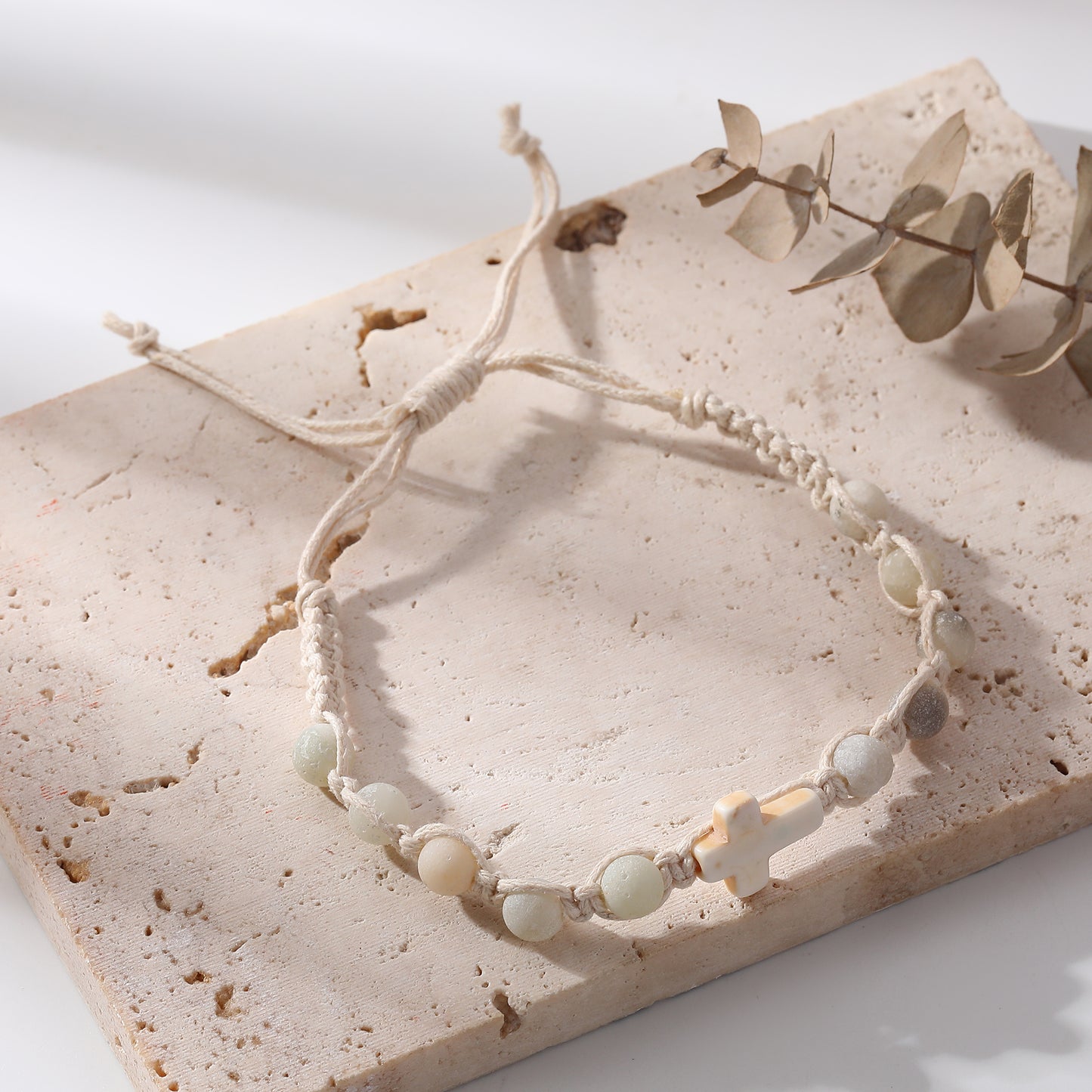 Handmade White Macrame Bracelet with Colorful Stone Beads & White Cross - Boho Style Jewelry