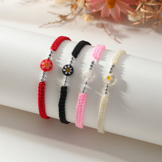 Charming Adjustable Braided String Bracelets with Glass Flower Beads - Stylish Jewelry for Women, Assorted Colors