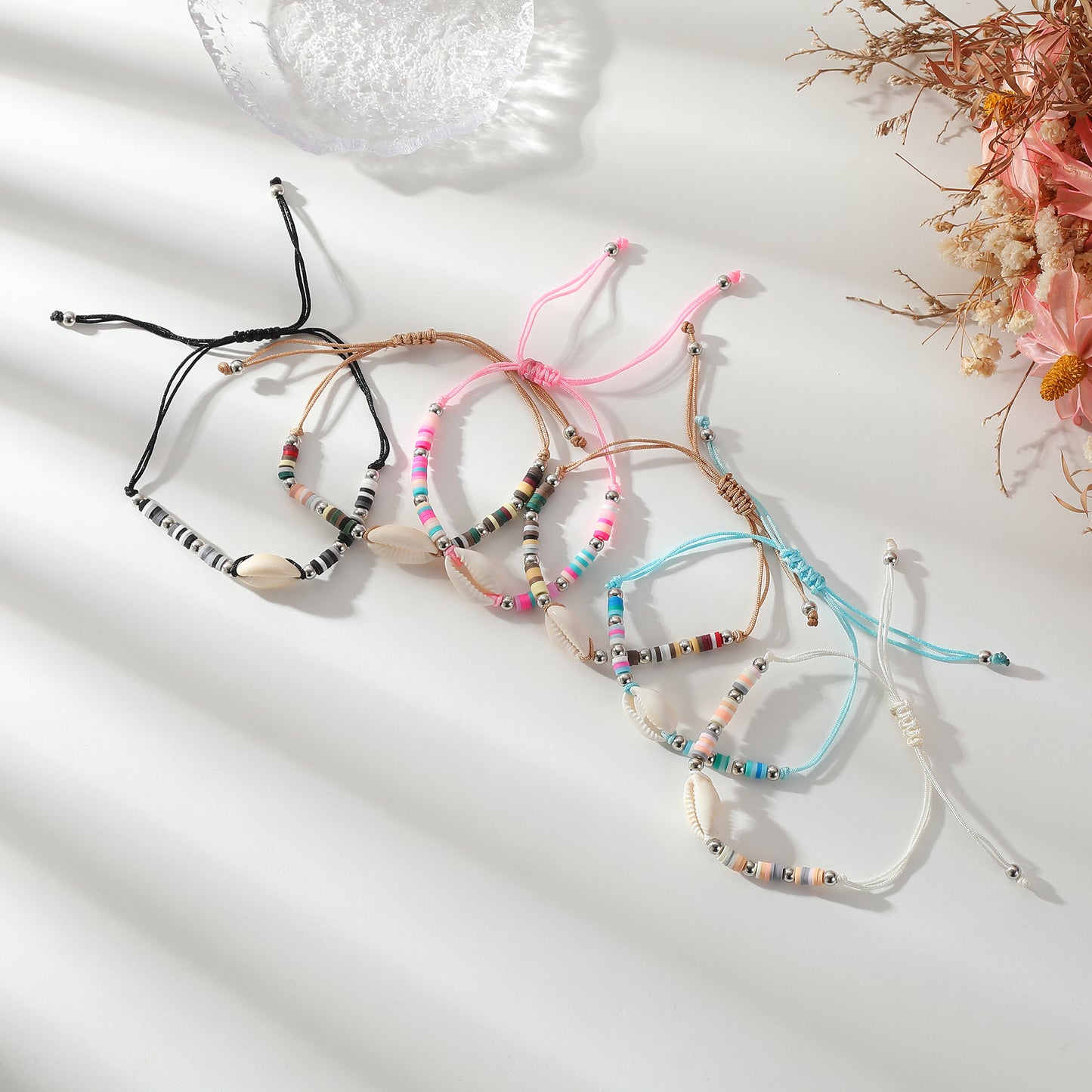 Adjustable Cowrie Shell & Multicolor Fimo Bead Bracelet - Handmade Boho Style String Bracelet for Women