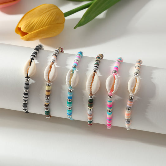 Adjustable Cowrie Shell & Multicolor Fimo Bead Bracelet - Handmade Boho Style String Bracelet for Women