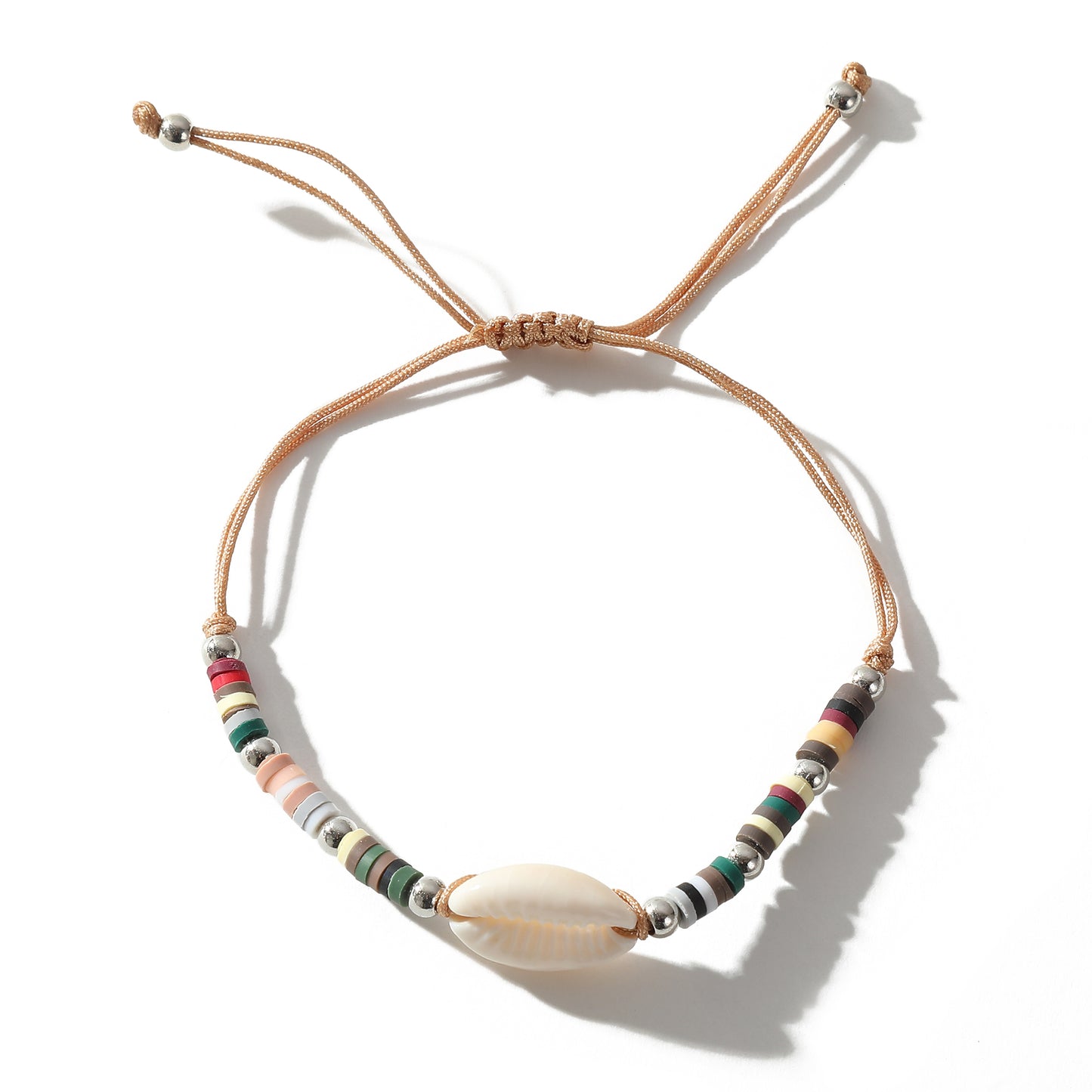 Adjustable Cowrie Shell & Multicolor Fimo Bead Bracelet - Handmade Boho Style String Bracelet for Women
