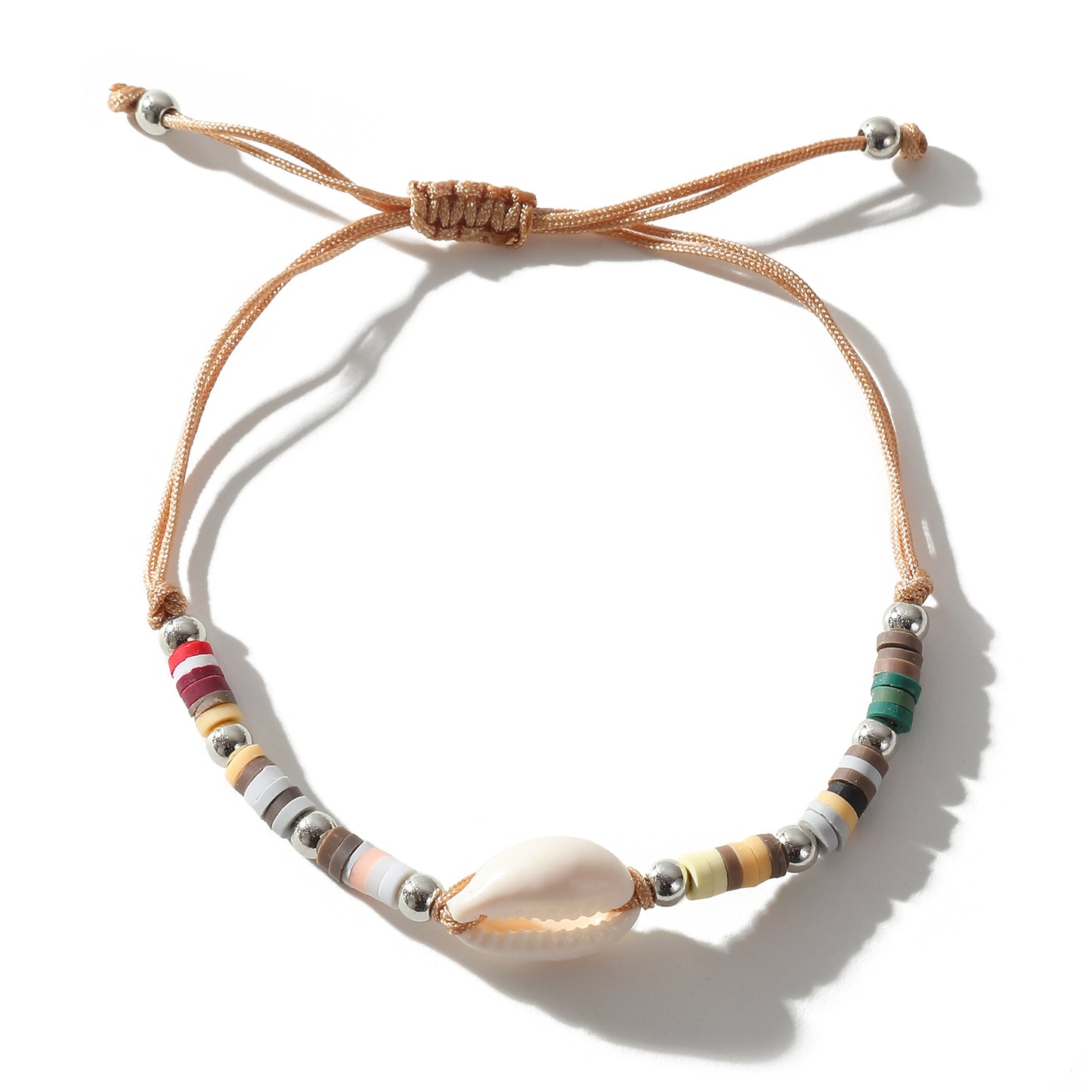 Adjustable Cowrie Shell & Multicolor Fimo Bead Bracelet - Handmade Boho Style String Bracelet for Women