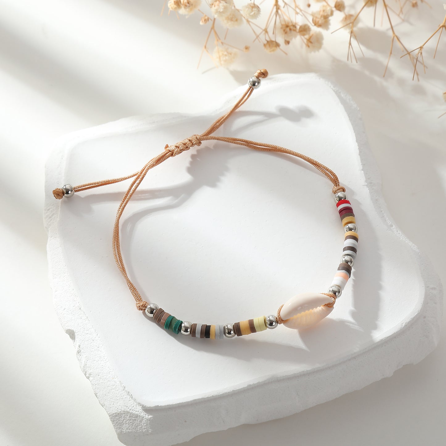 Adjustable Cowrie Shell & Multicolor Fimo Bead Bracelet - Handmade Boho Style String Bracelet for Women