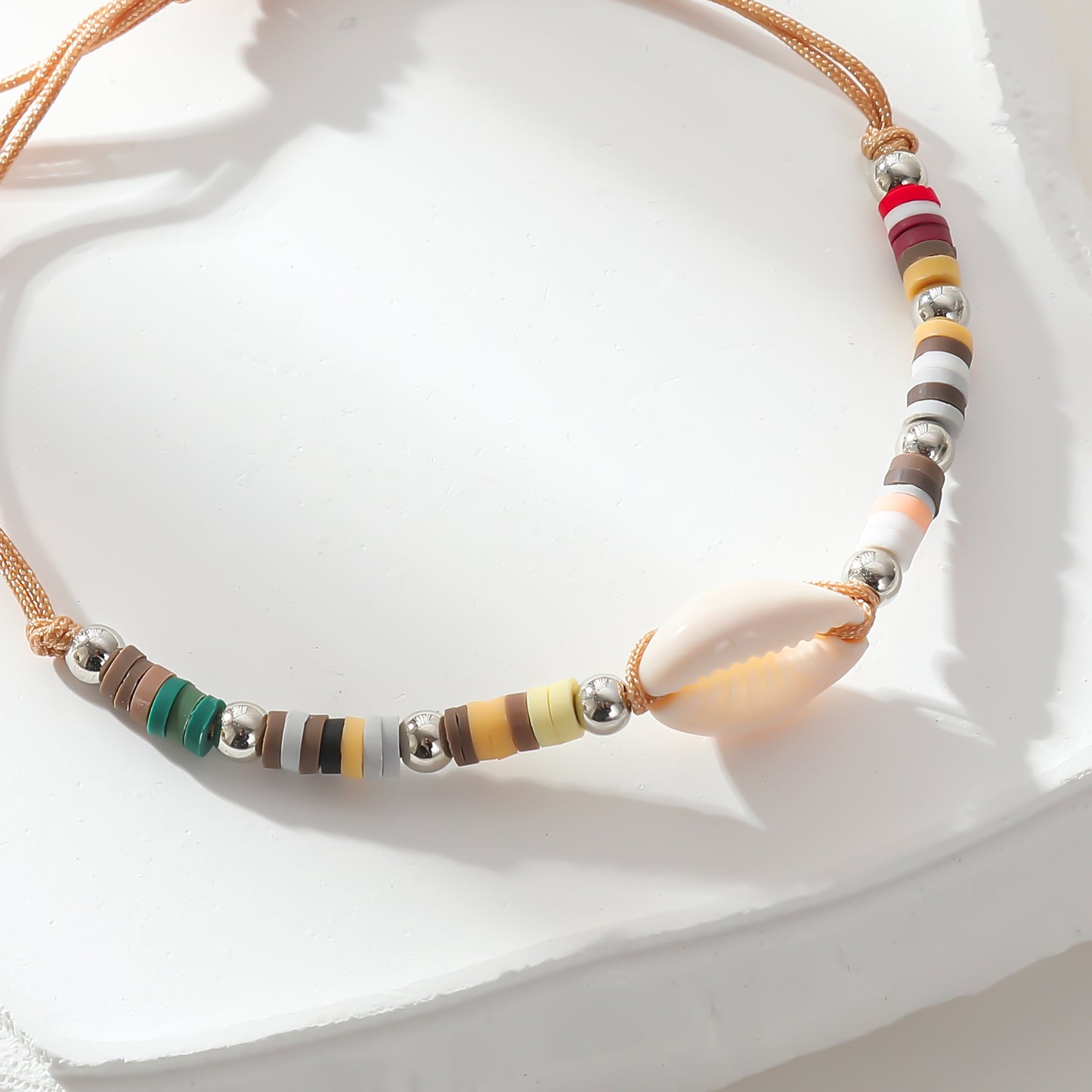 Adjustable Cowrie Shell & Multicolor Fimo Bead Bracelet - Handmade Boho Style String Bracelet for Women