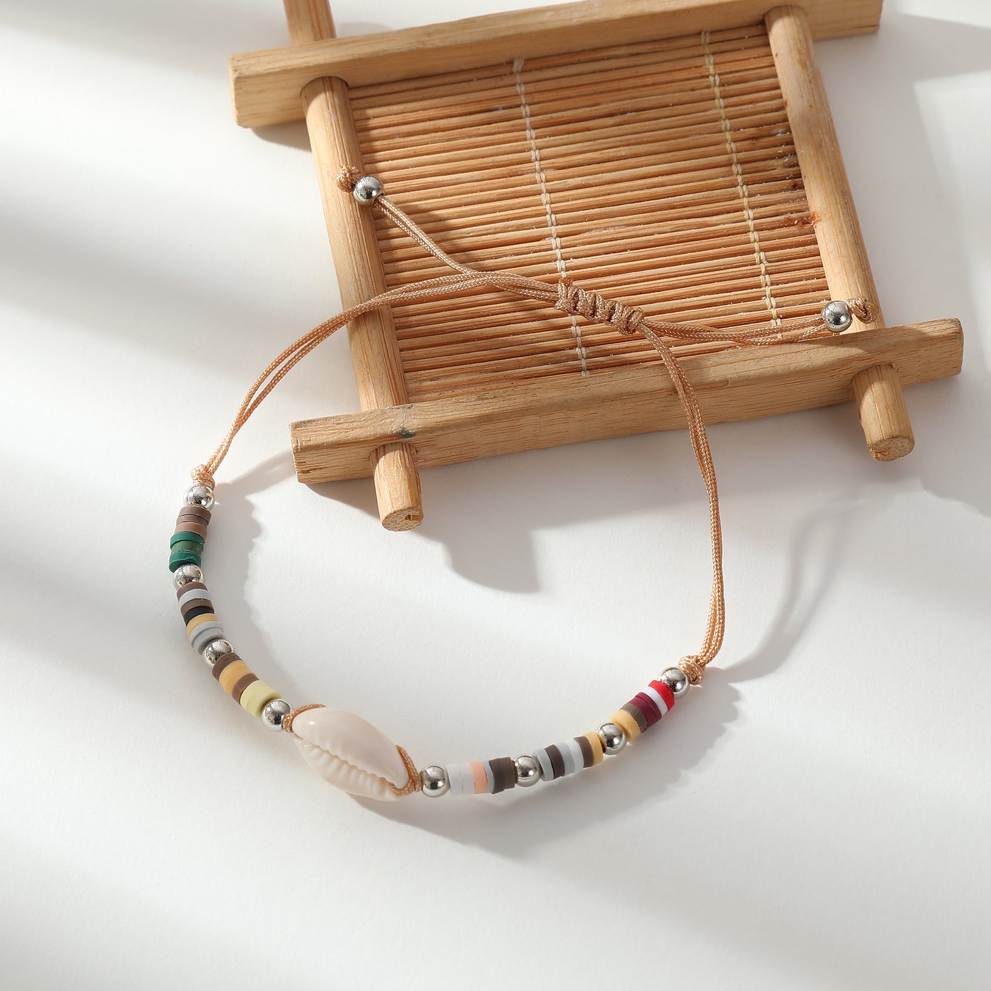 Adjustable Cowrie Shell & Multicolor Fimo Bead Bracelet - Handmade Boho Style String Bracelet for Women