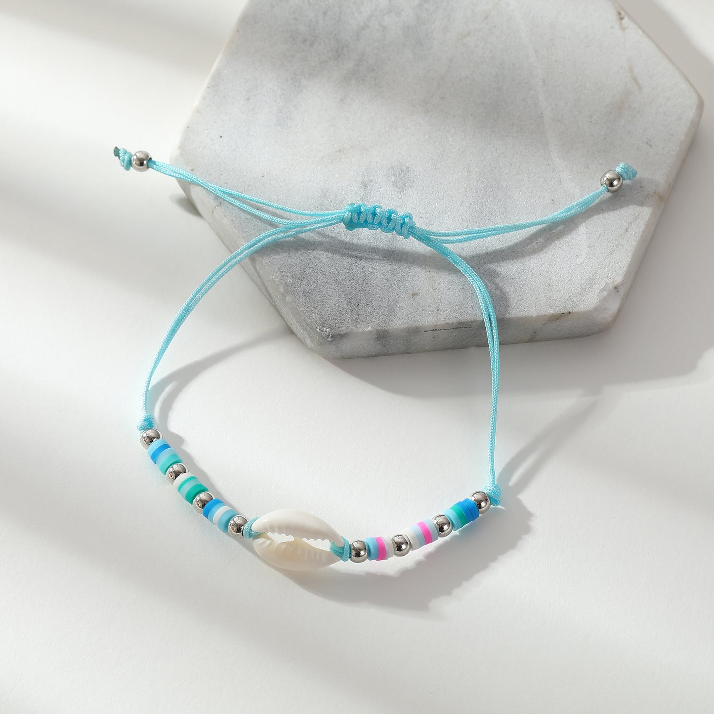Adjustable Cowrie Shell & Multicolor Fimo Bead Bracelet - Handmade Boho Style String Bracelet for Women