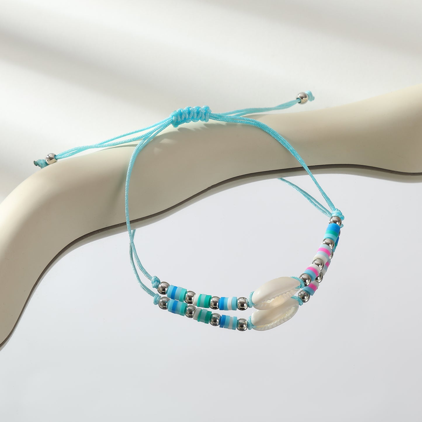 Adjustable Cowrie Shell & Multicolor Fimo Bead Bracelet - Handmade Boho Style String Bracelet for Women