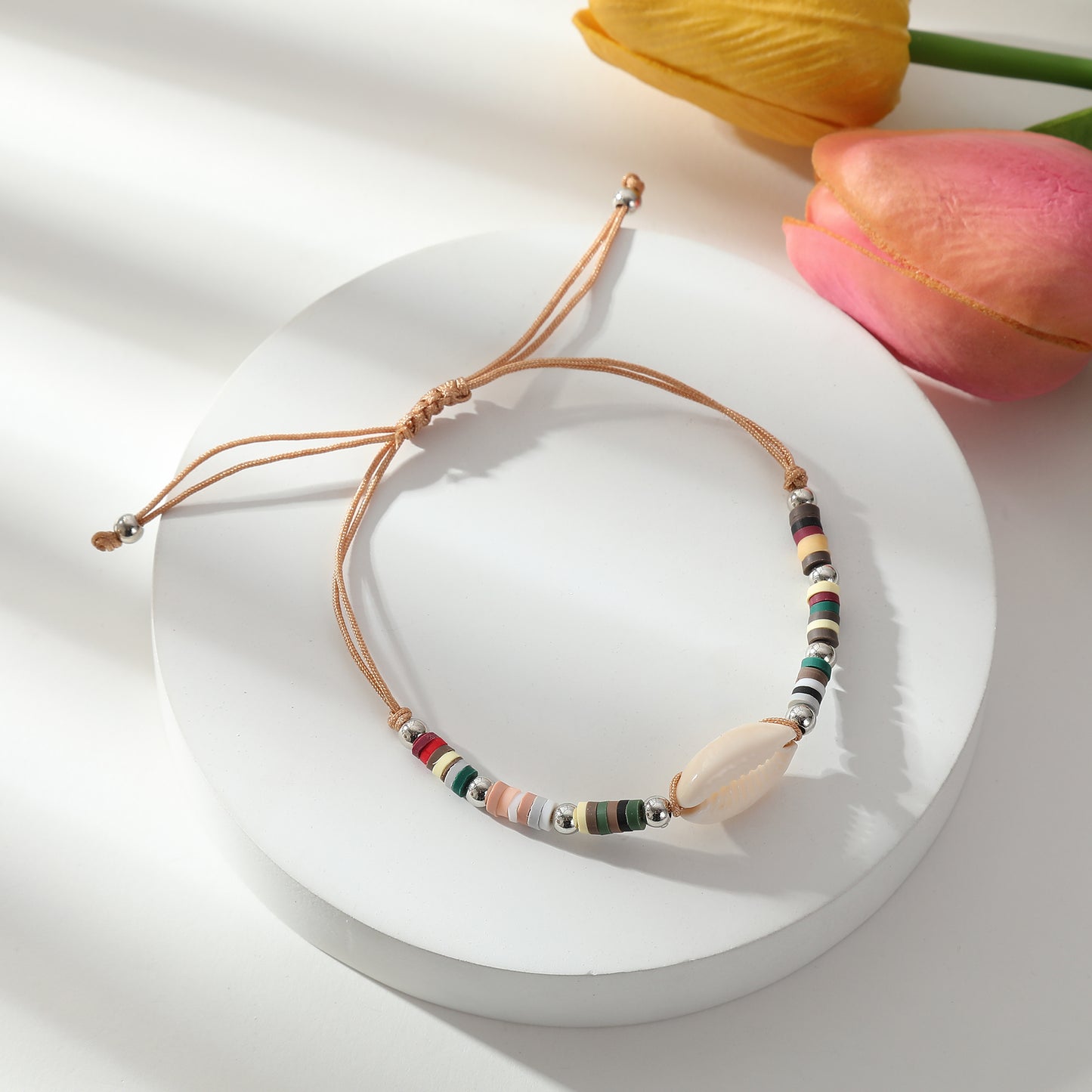 Adjustable Cowrie Shell & Multicolor Fimo Bead Bracelet - Handmade Boho Style String Bracelet for Women
